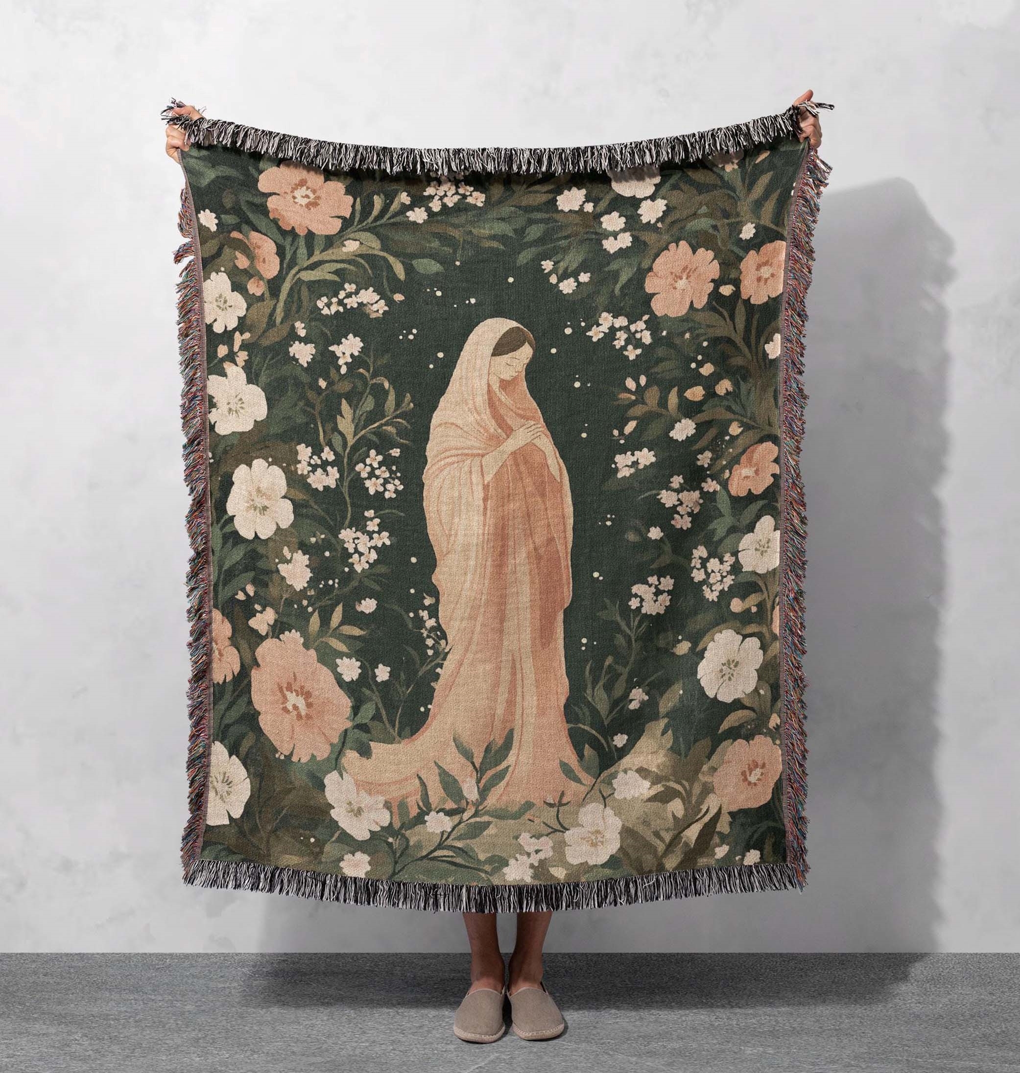 virgin mary woven blanket religious art throw with floral design for cozy home decor cottagecore tapestry