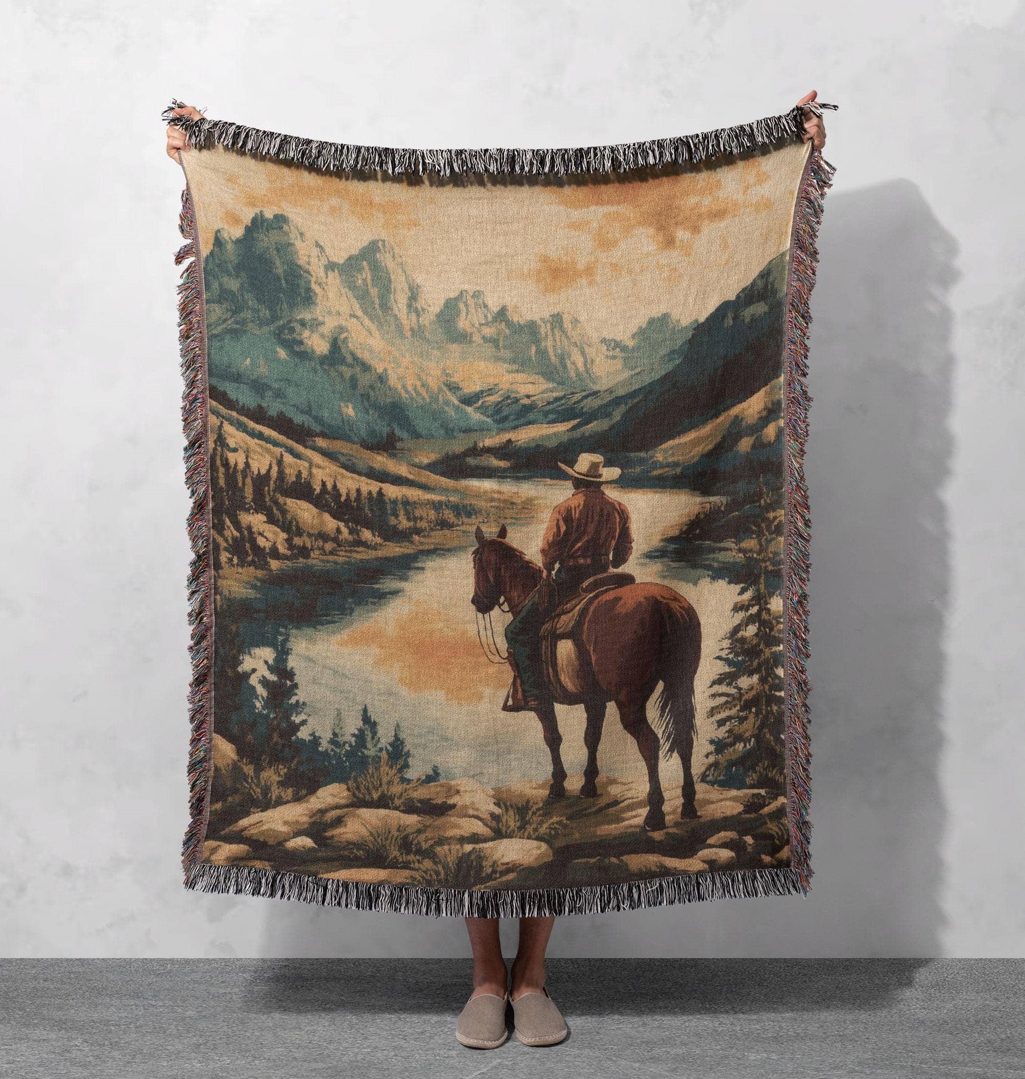 cowboy woven blanket western art tapestry rustic home decor throw horseback adventure gift cozy vintage style blanket
