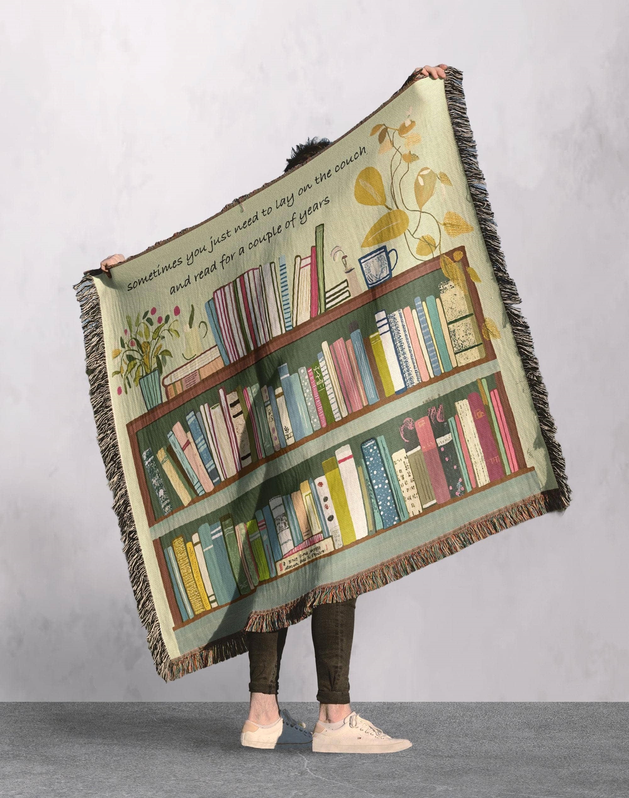 cozy woven blanket with bookshelf illustration relaxing quote cottagecore tapestry