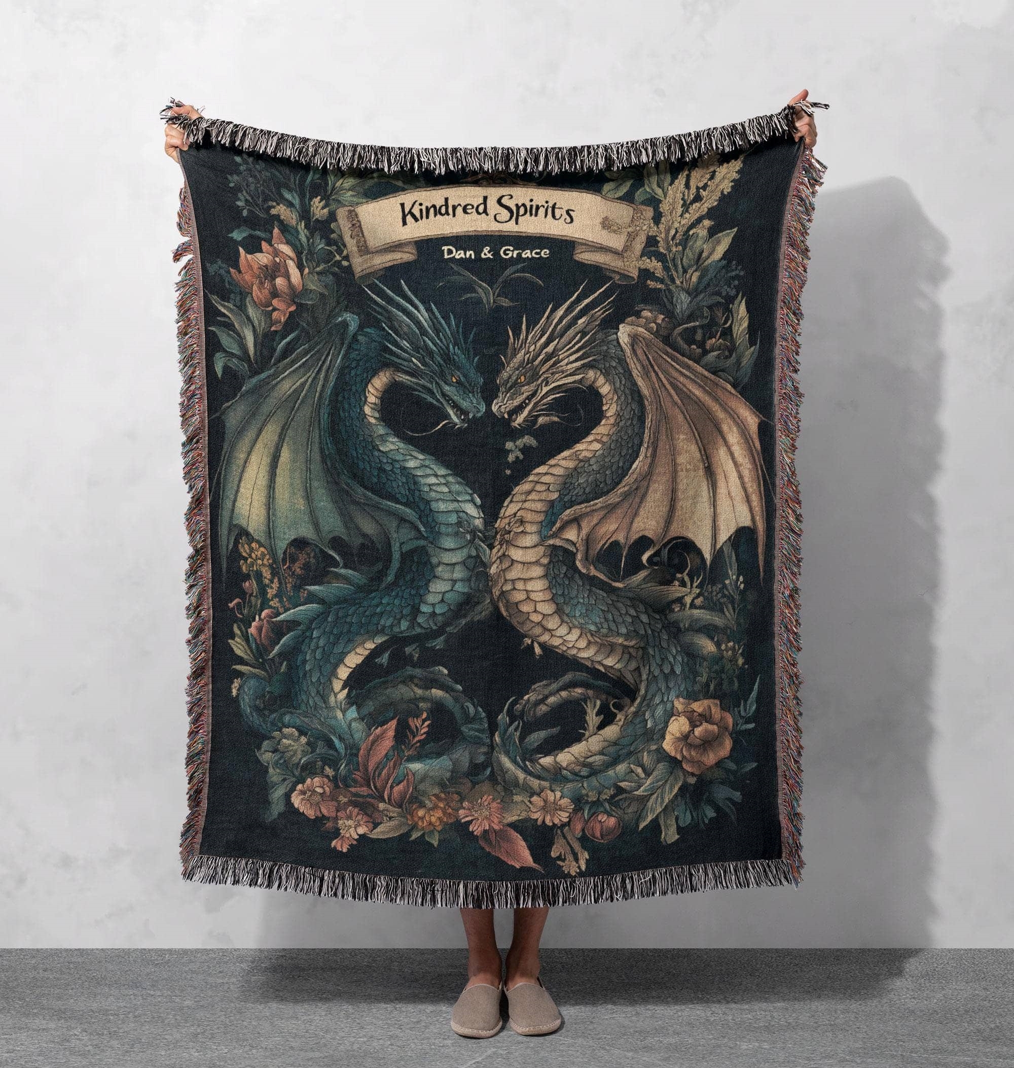 custom kindred spirits dragon couple woven blanket for fantasy lovers cottagecore tapestry