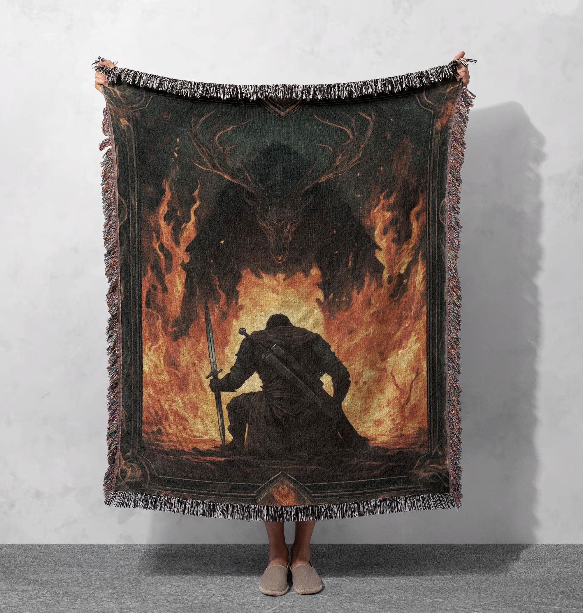 dark fantasy warrior woven blanket epic fire beast art throw cottagecore tapestry