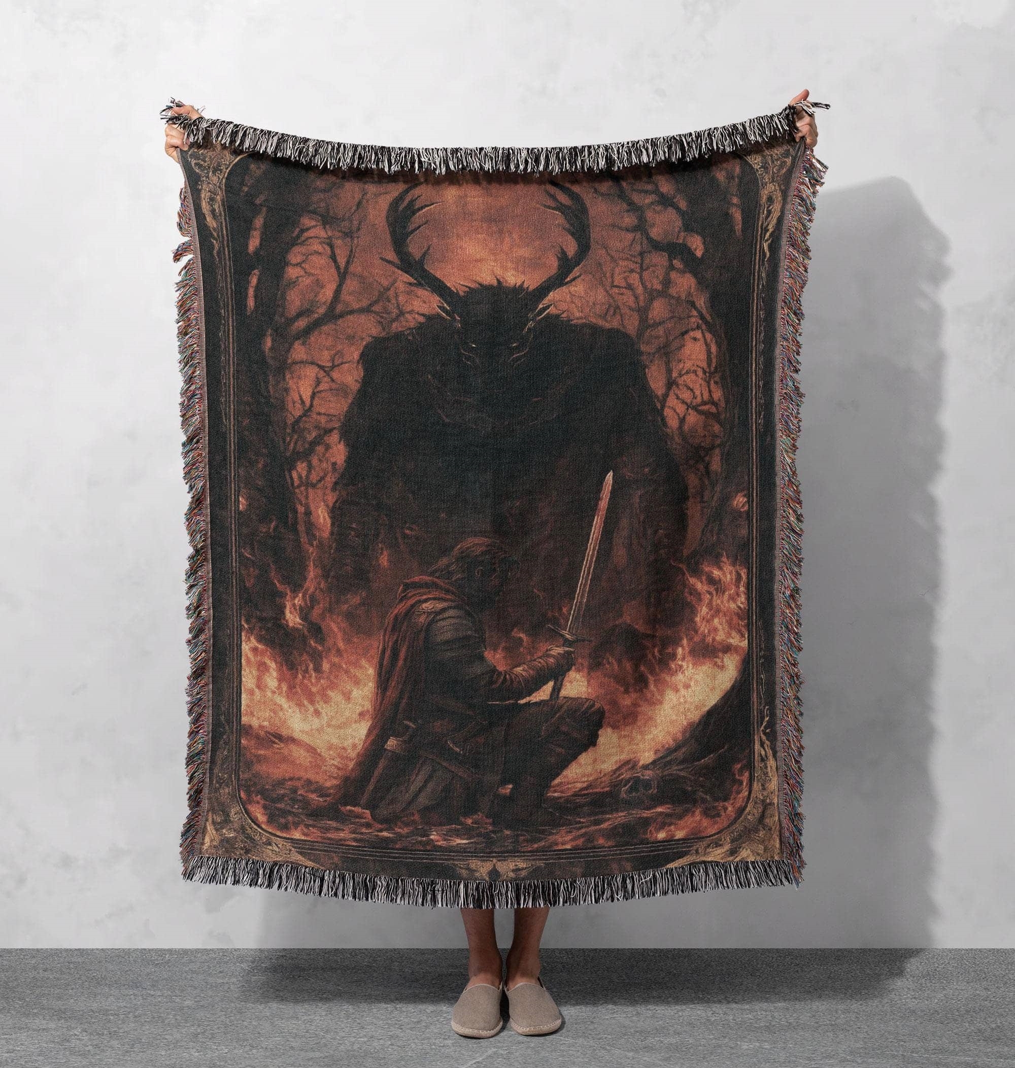 dark fantasy warrior woven blanket epic knight and beast battle scene throw cottagecore tapestry