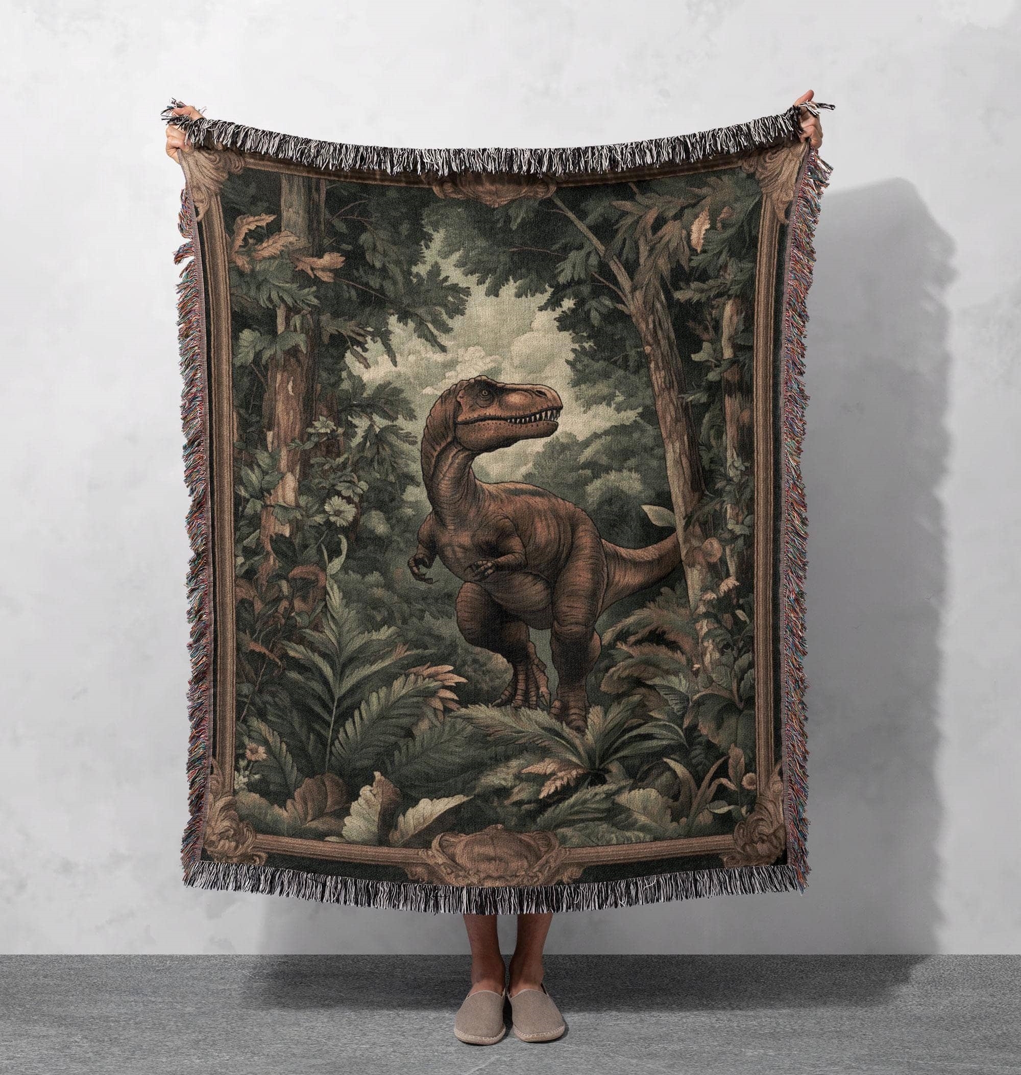 dinosaur woven blanket t rex jungle tapestry vintage animal art throw cozy home decor nature lover gift sofa accent
