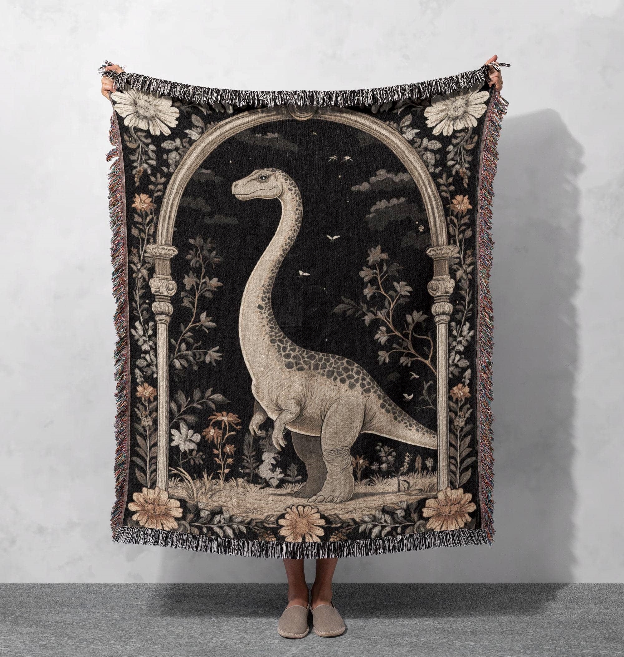 dinosaur woven blanket vintage brachiosaurus tapestry prehistoric home decor
