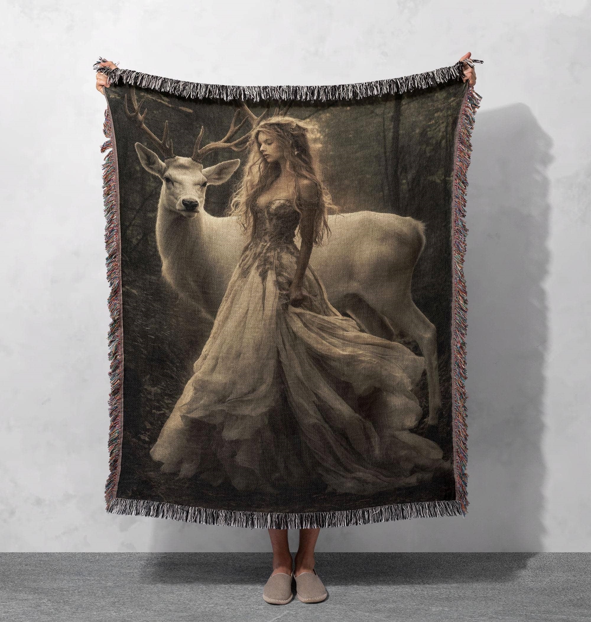 enchanted white stag woven blanket ethereal goddess tapestry throw mystical fantasy home decor fairytale inspired gift