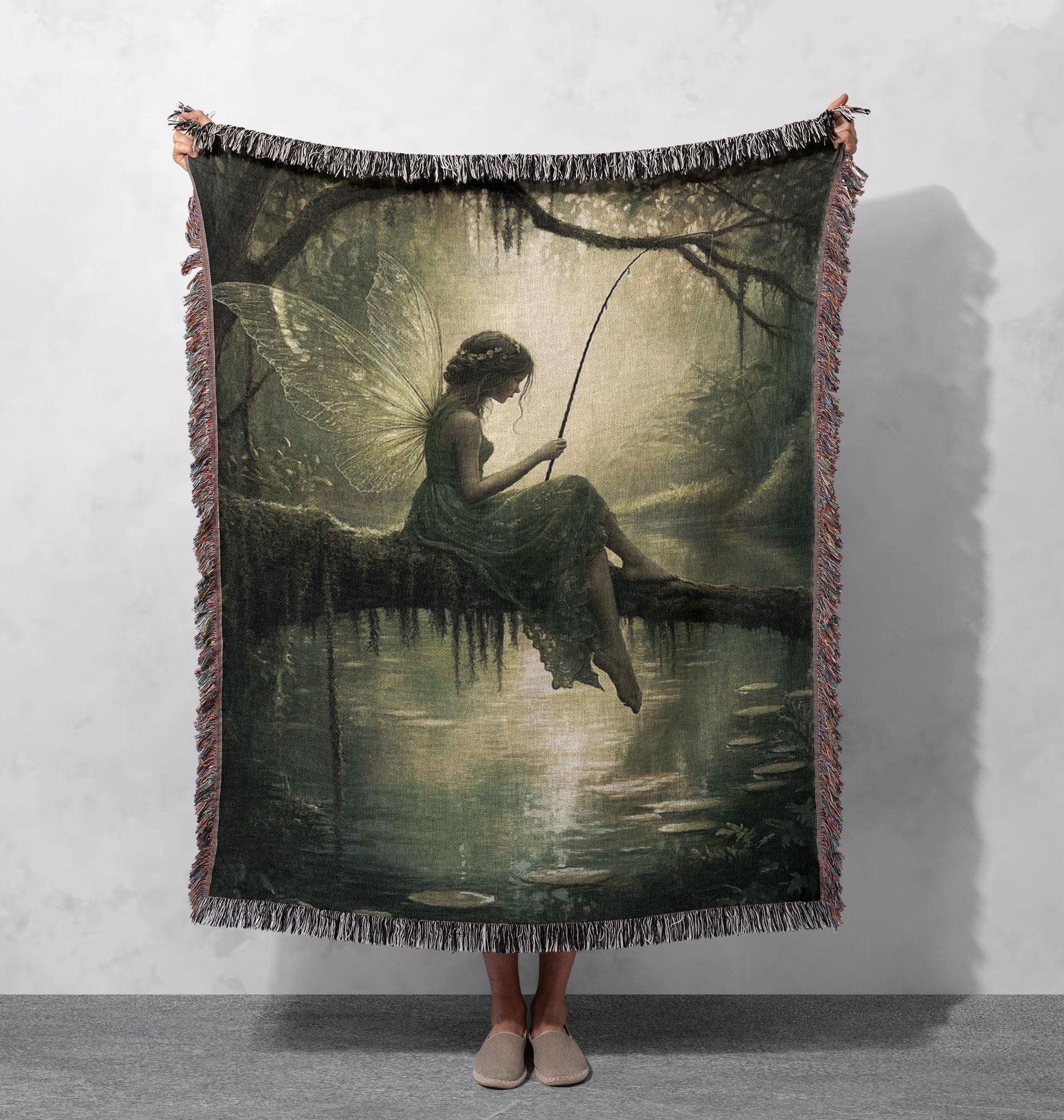 fairy fishing scene woven blanket whimsical nature inspired home decor throw blanket cottagecore tapestry