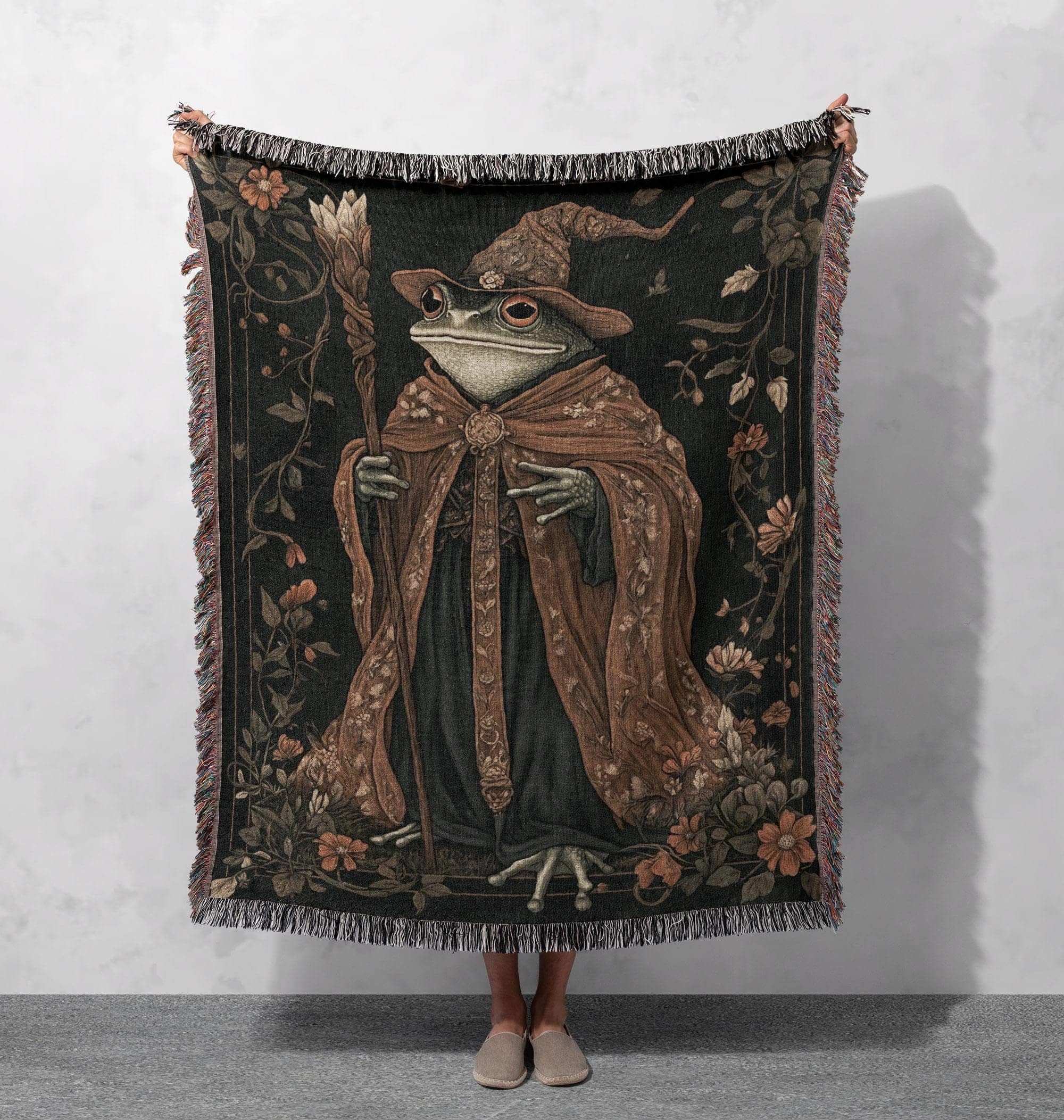 frog wizard woven blanket fantasy tapestry throw witchy cottagecore decor mystical cozy gift