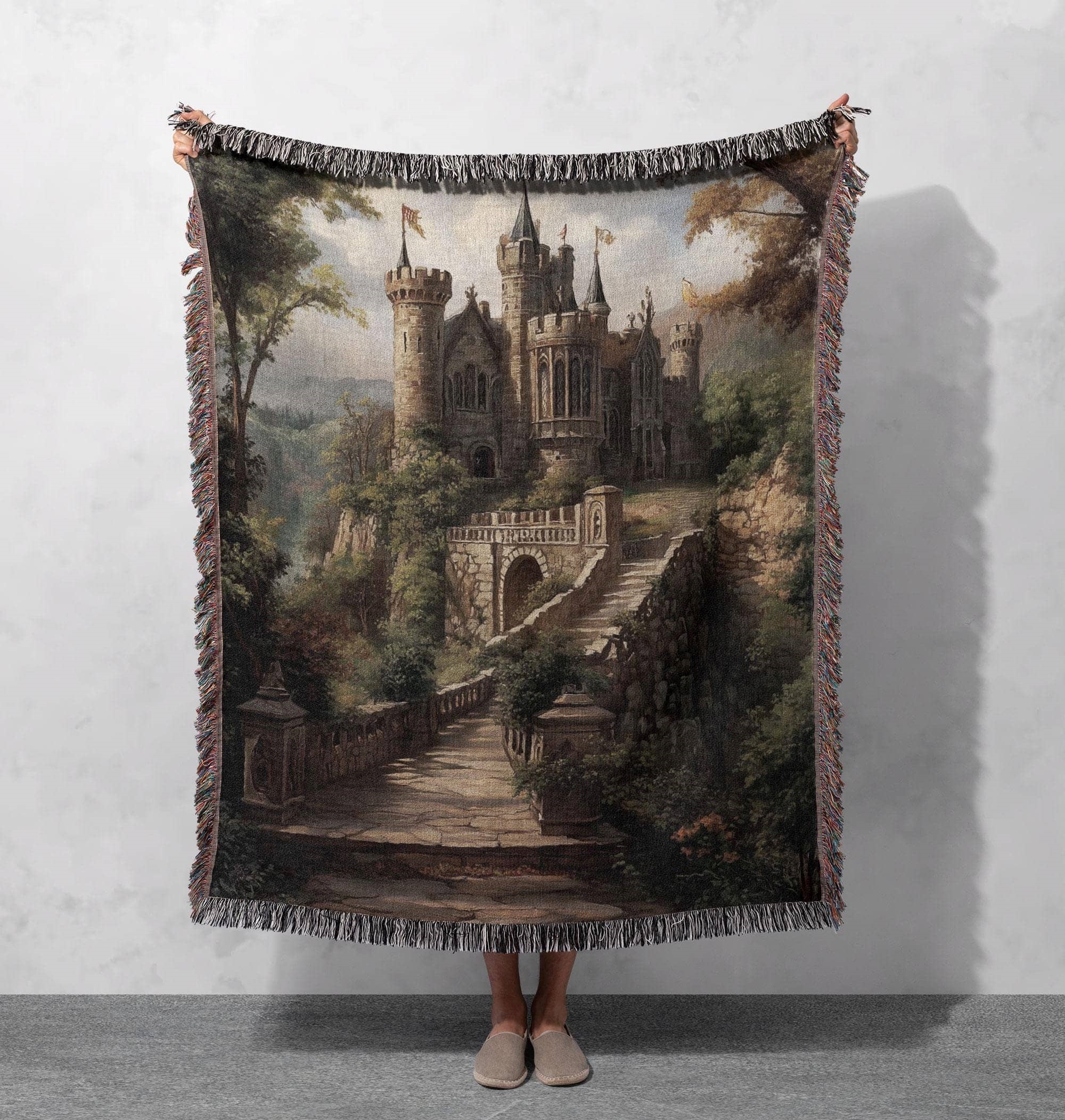 medieval castle woven blanket enchanting fairytale inspired decorative throw cottagecore tapestry fantasy gift