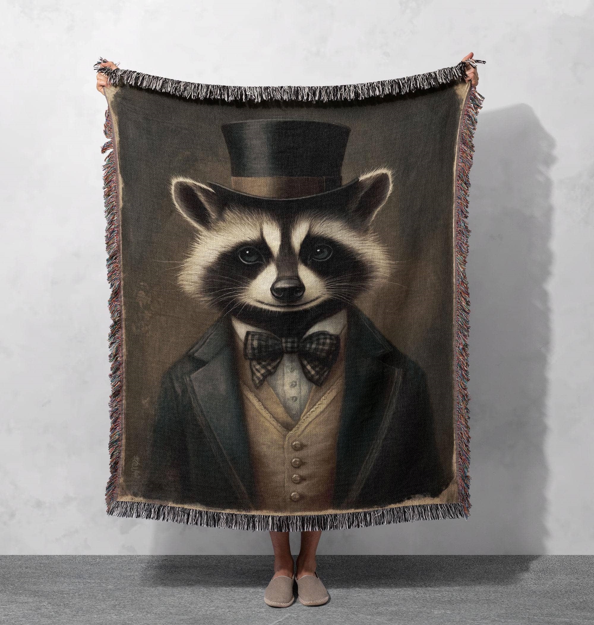 victorian raccoon woven blanket steampunk animal tapestry quirky vintage decor