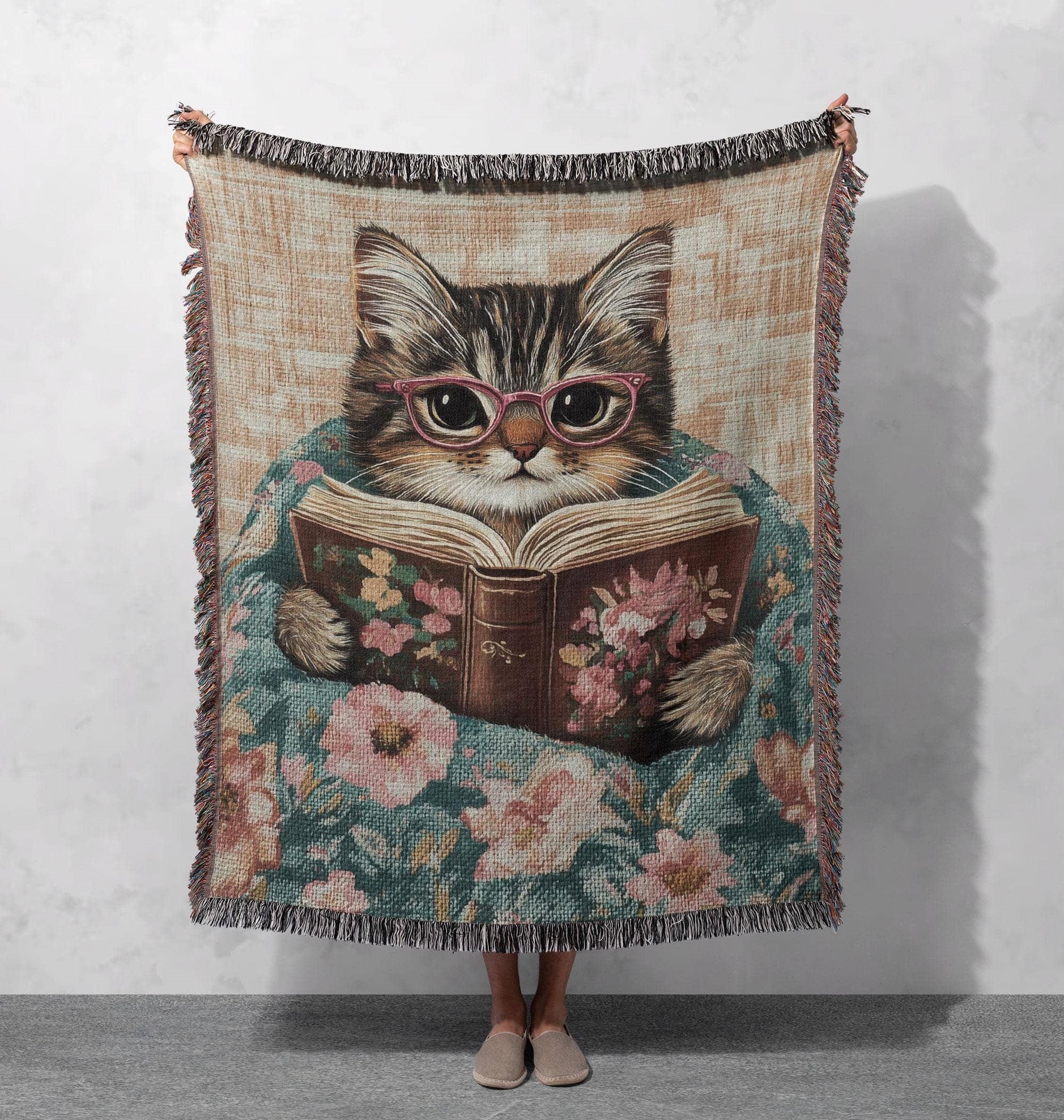 woven blanket cozy reading cat with glasses artistic throw cottagecore tapestry