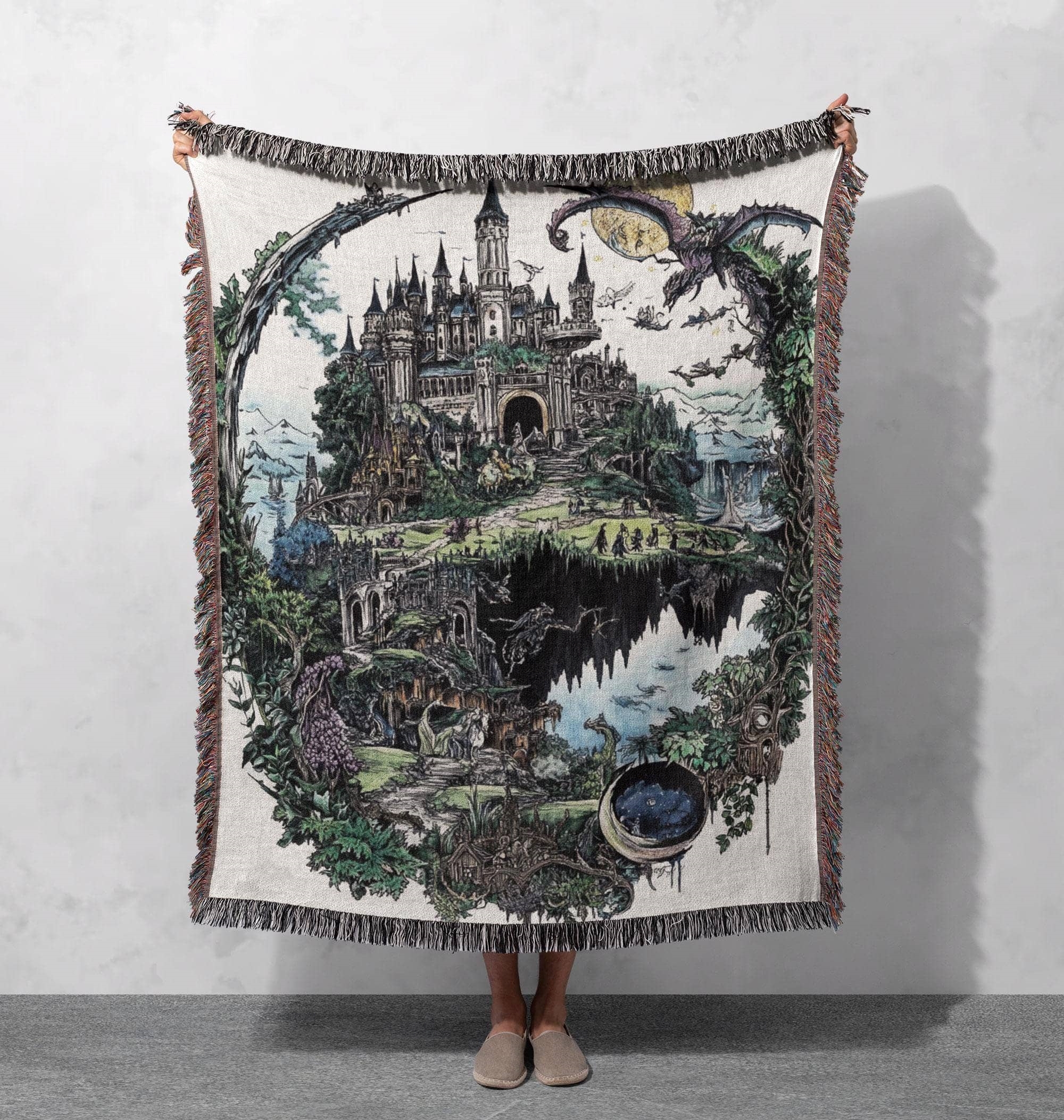 woven blanket with fantasy castle and dragon landscape cottagecore tapestry