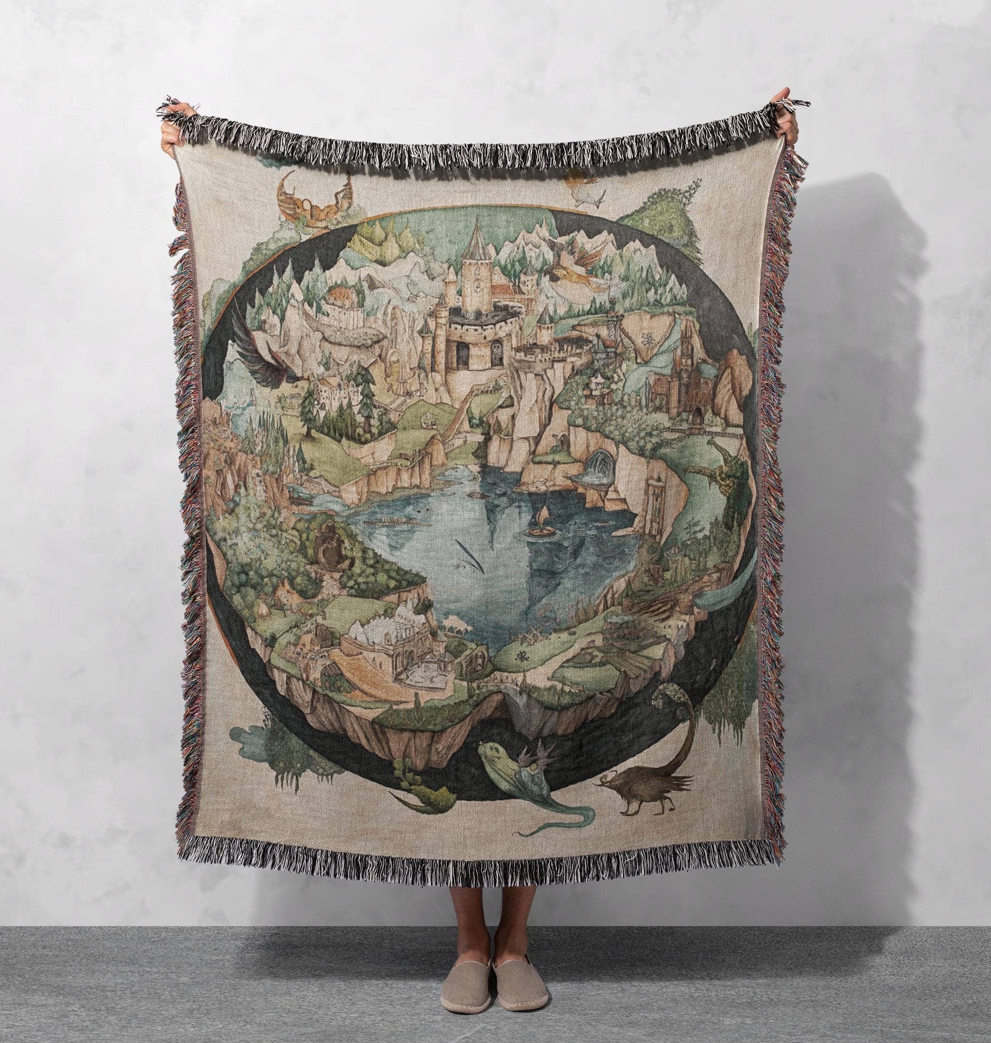 woven blanket with fantasy landscape and castle design cottagecore tapestry