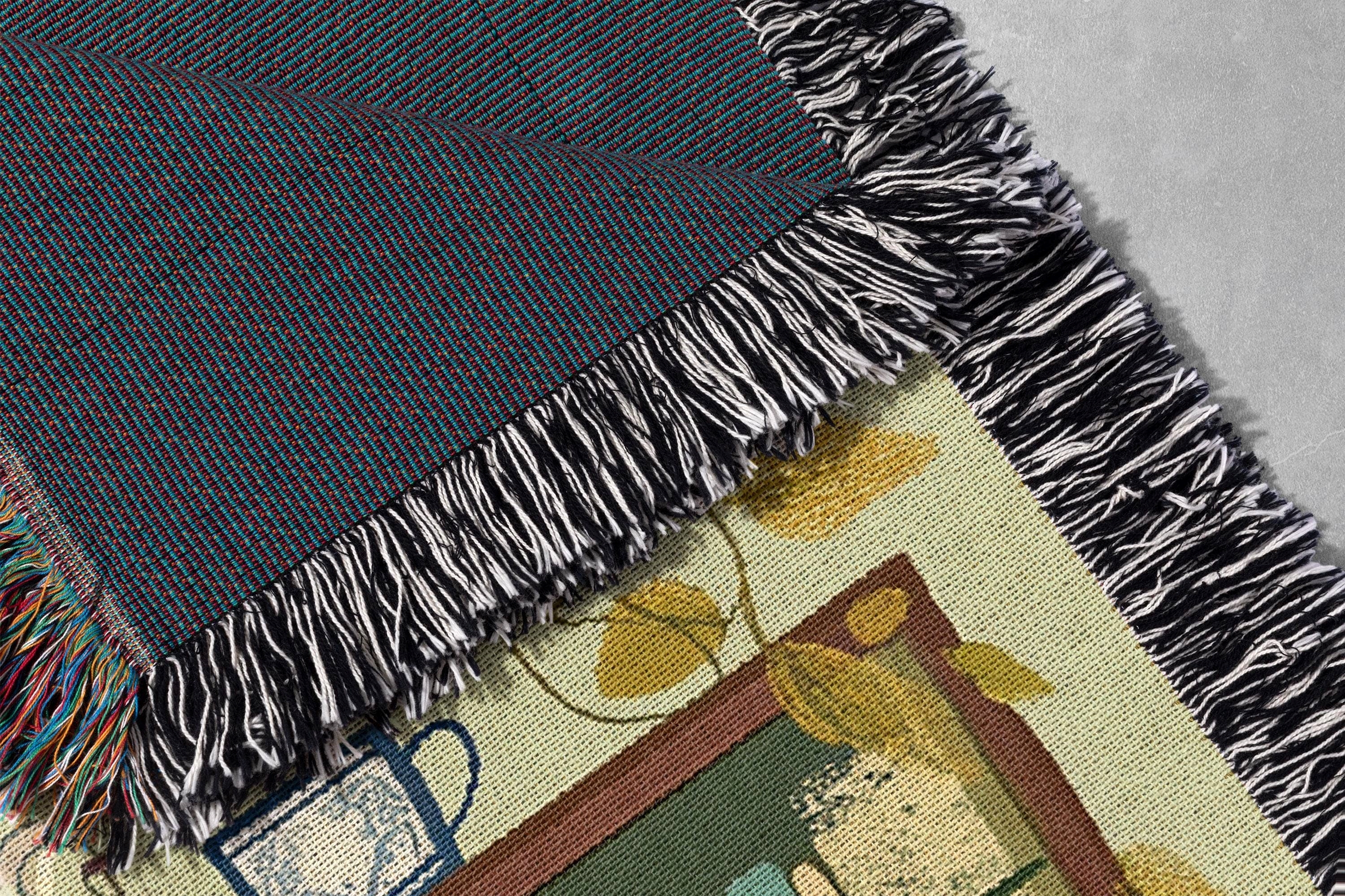cozy woven blanket with bookshelf illustration relaxing quote cottagecore tapestry