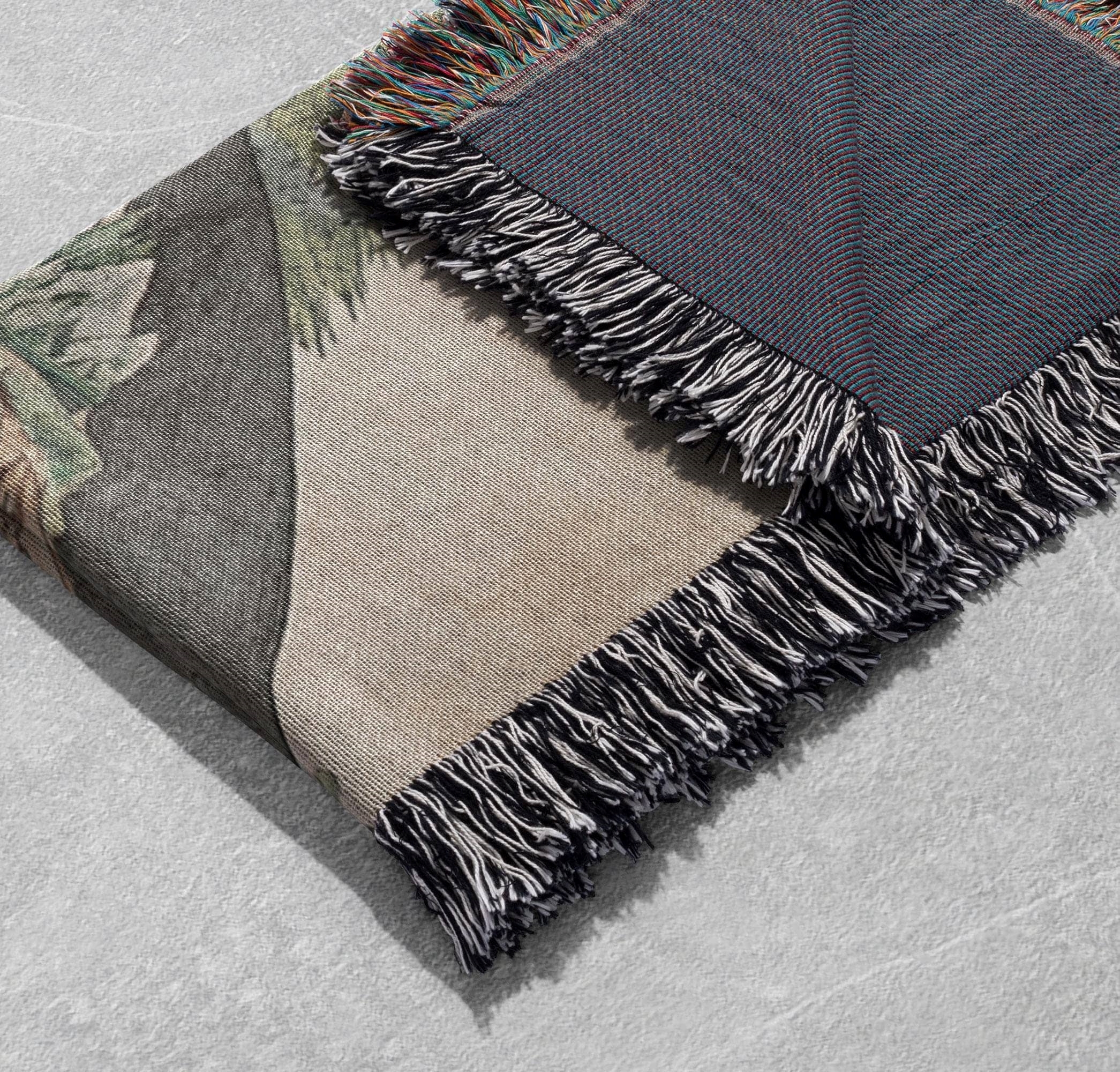 woven blanket with fantasy landscape and castle design cottagecore tapestry