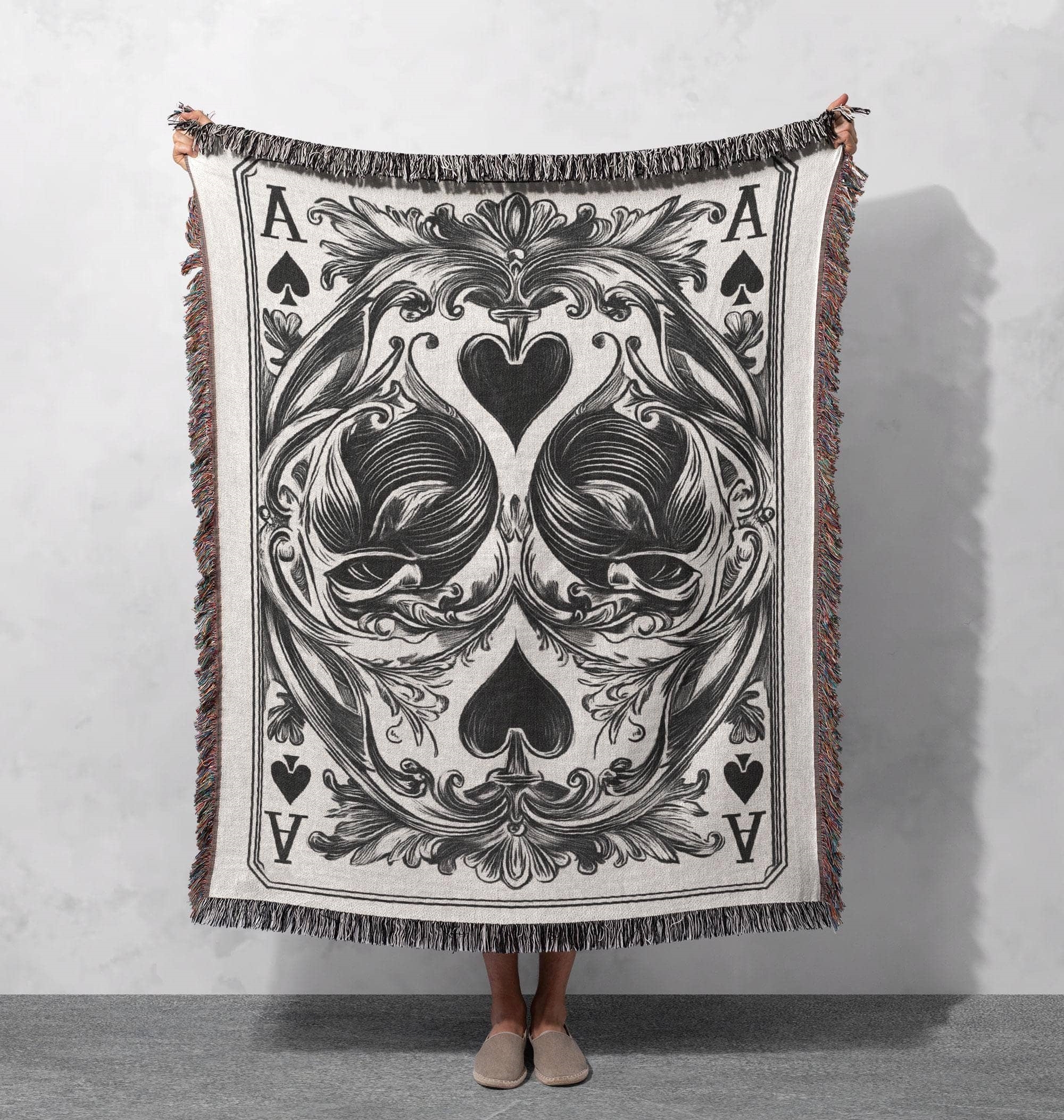 ace of spades skull woven blanket gothic poker card throw dark aesthetic tapestry vintage playing card decor
