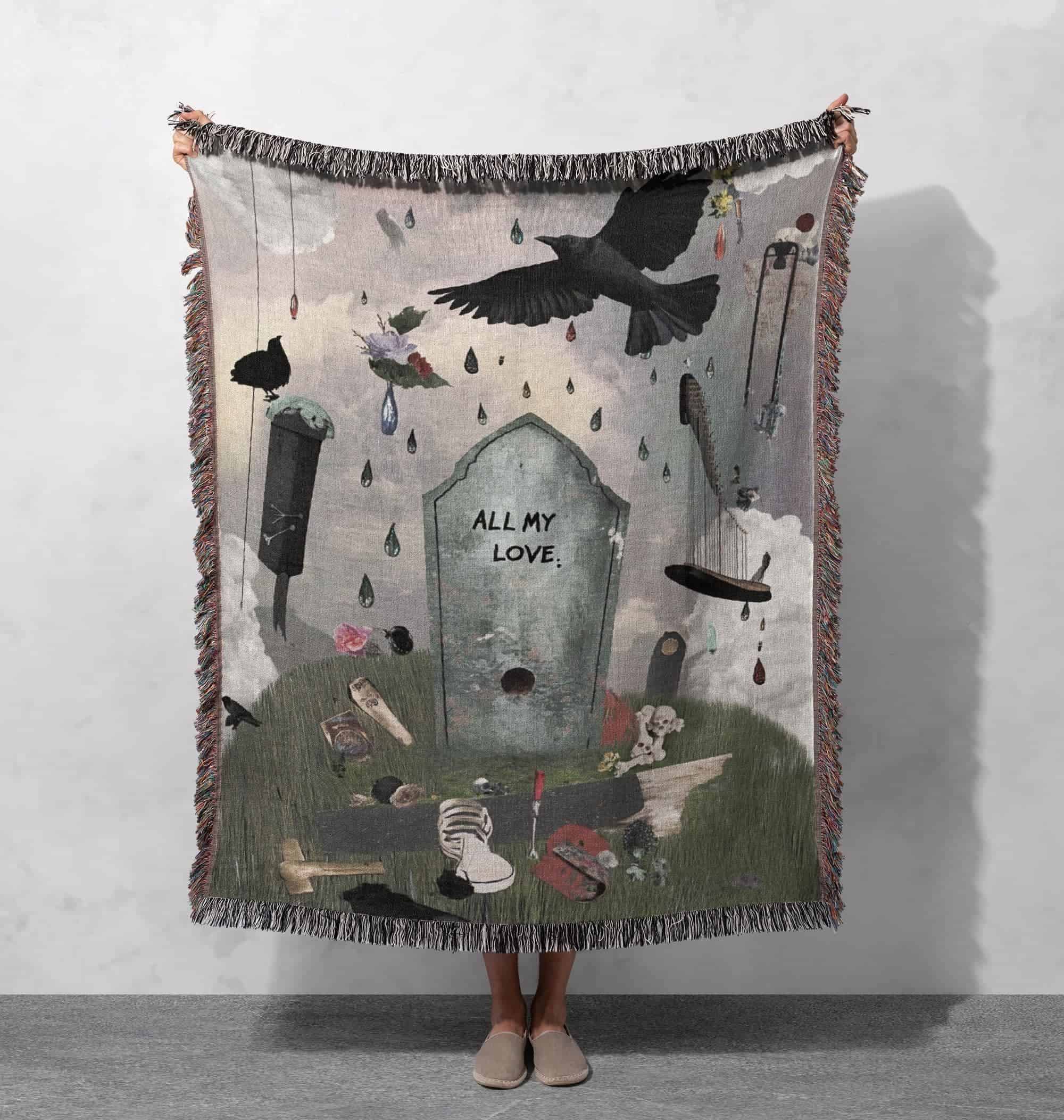 all my love woven blanket with surreal design for artistic home decor or cozy comfort cottagecore tapestry