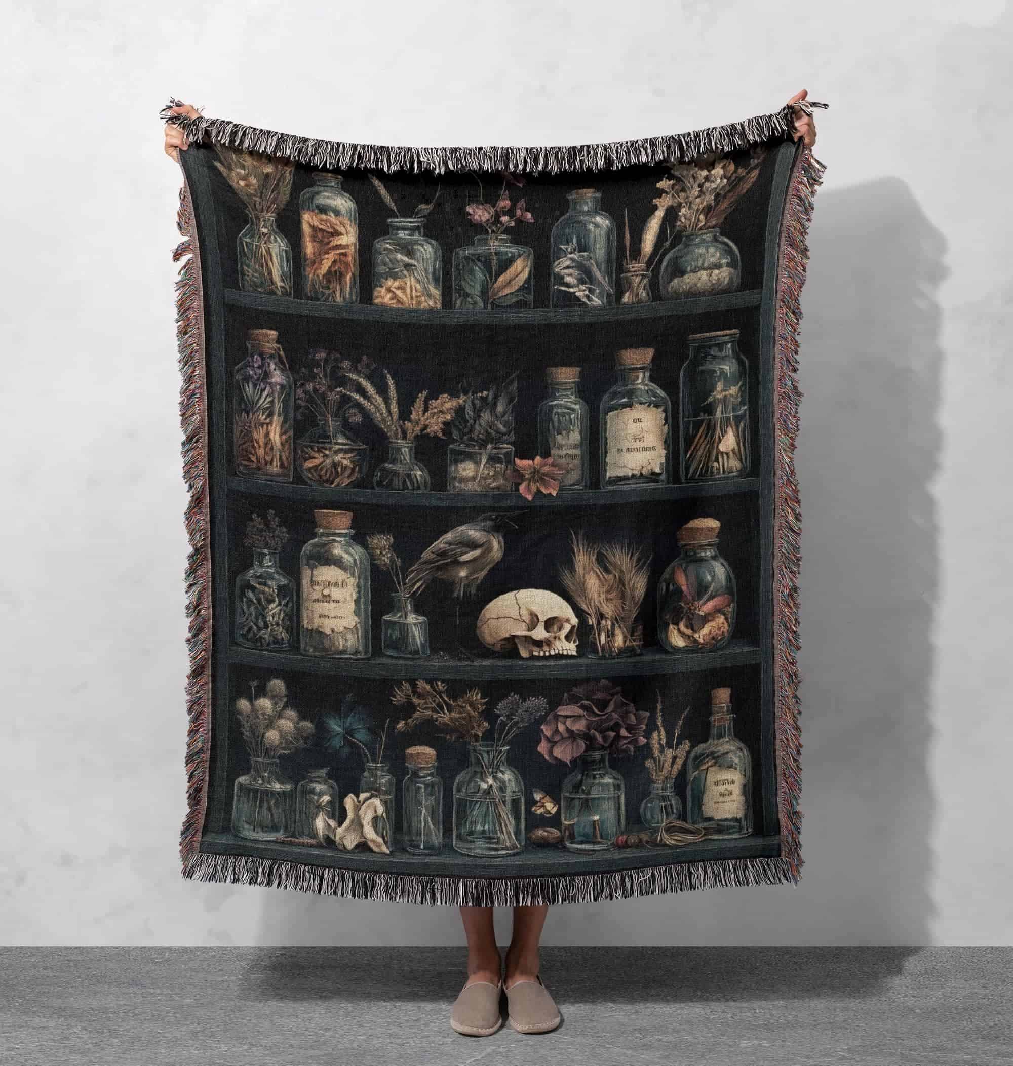 apothecary shelf woven blanket gothic dark academia throw for home decor cottagecore tapestry