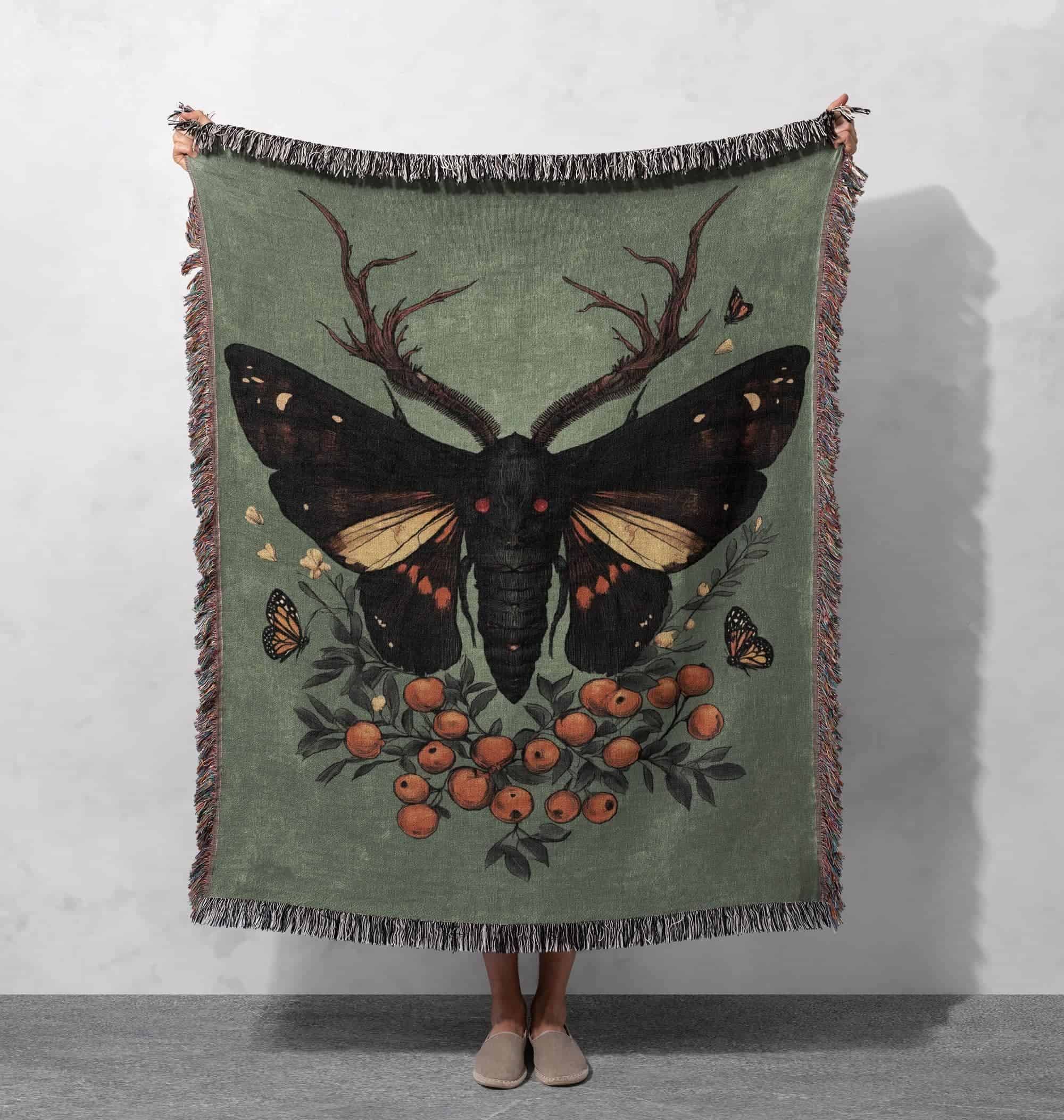 gothic moth woven blanket dark forest tapestry witchy cottagecore decor gift for lover home decor