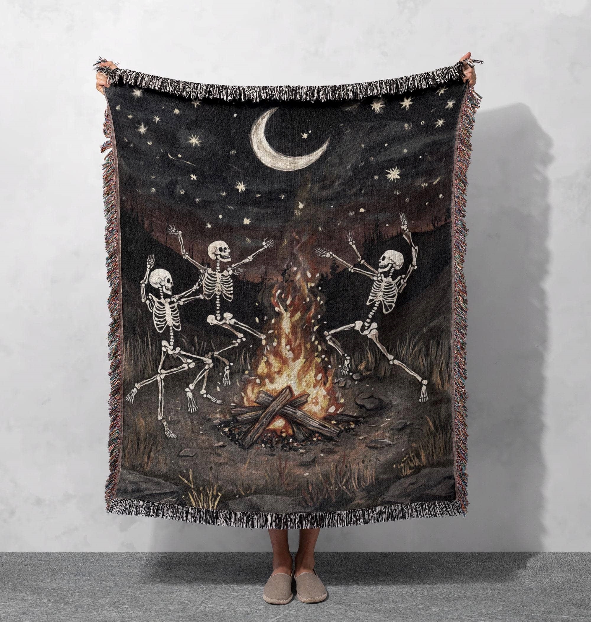 skeleton campfire woven blanket spooky night scene throw with dancing skeletons under moonlight for halloween cottagecore