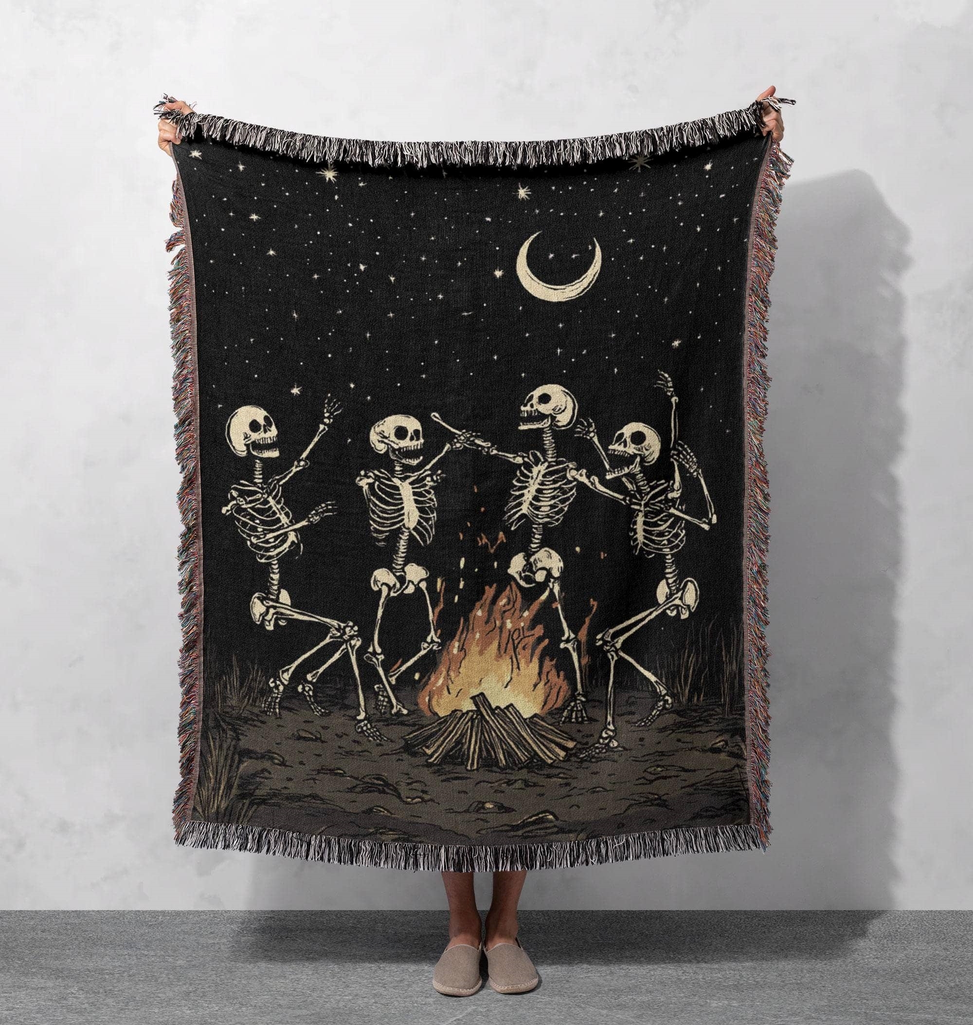 skeleton dance woven blanket with moon and fire design cottagecore tapestry