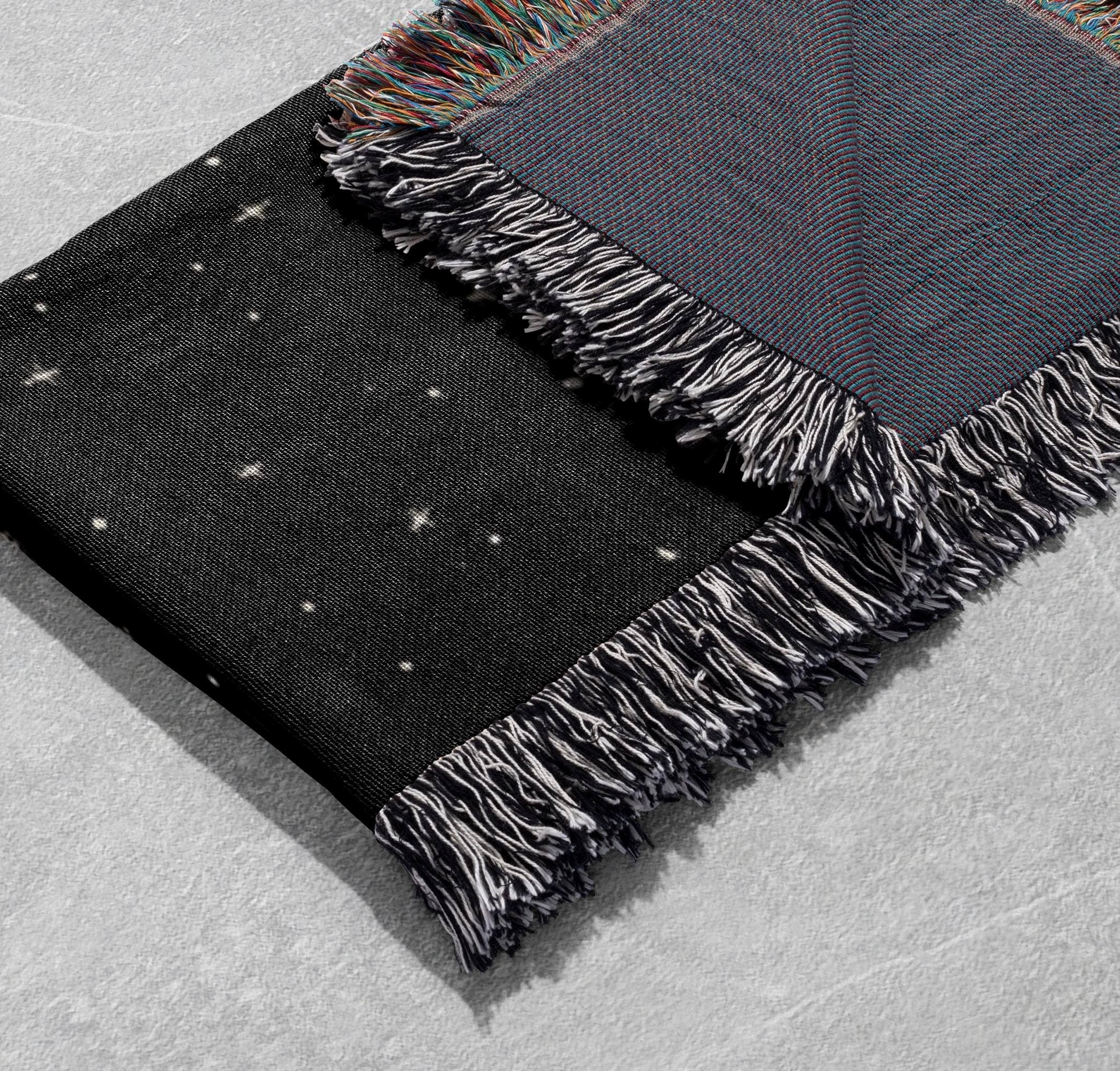 skeleton dance woven blanket with moon and fire design cottagecore tapestry