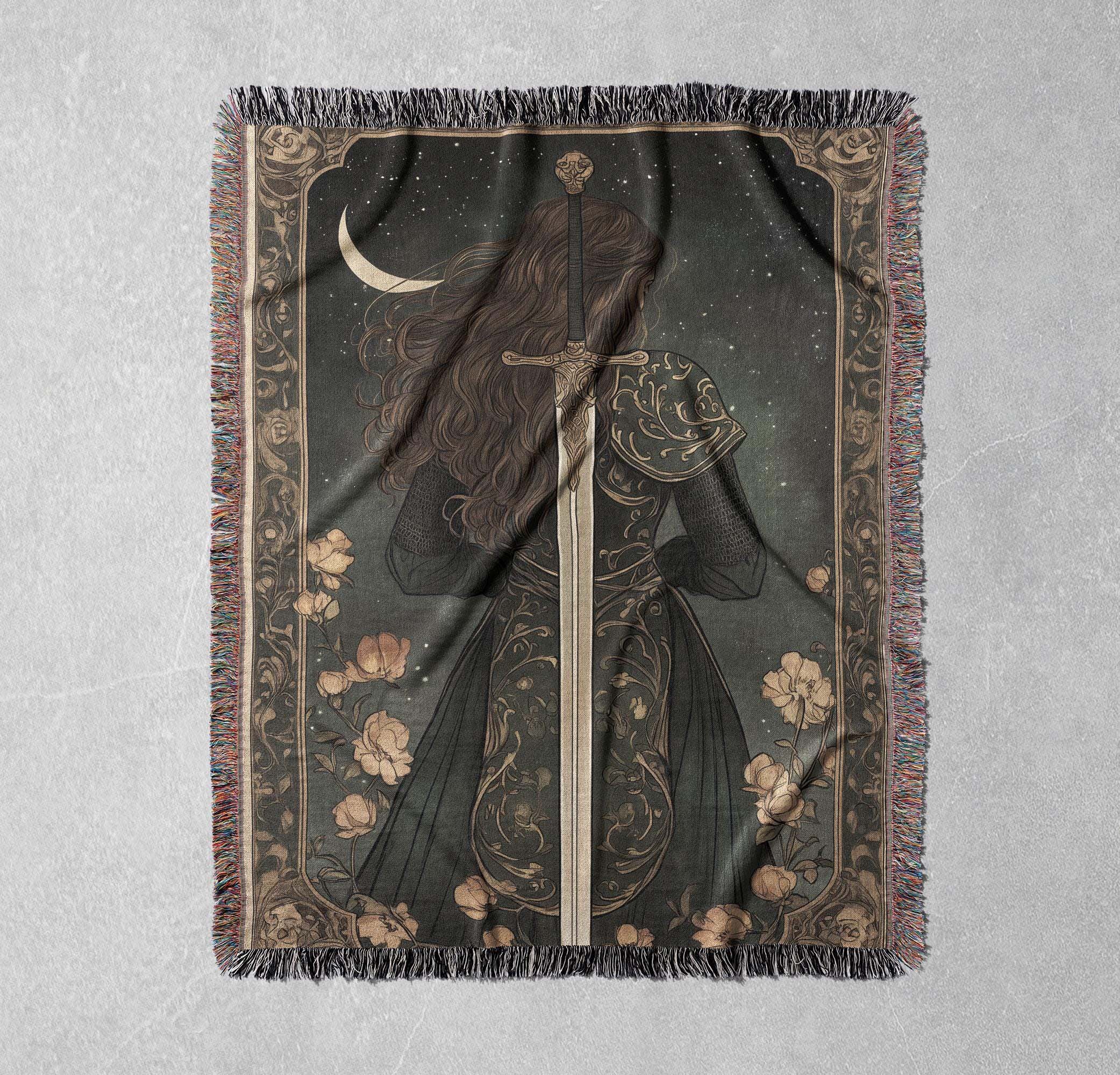 warrior moon woven blanket fantasy cozy tapestry medieval sword throw epic home decor gift for gamers