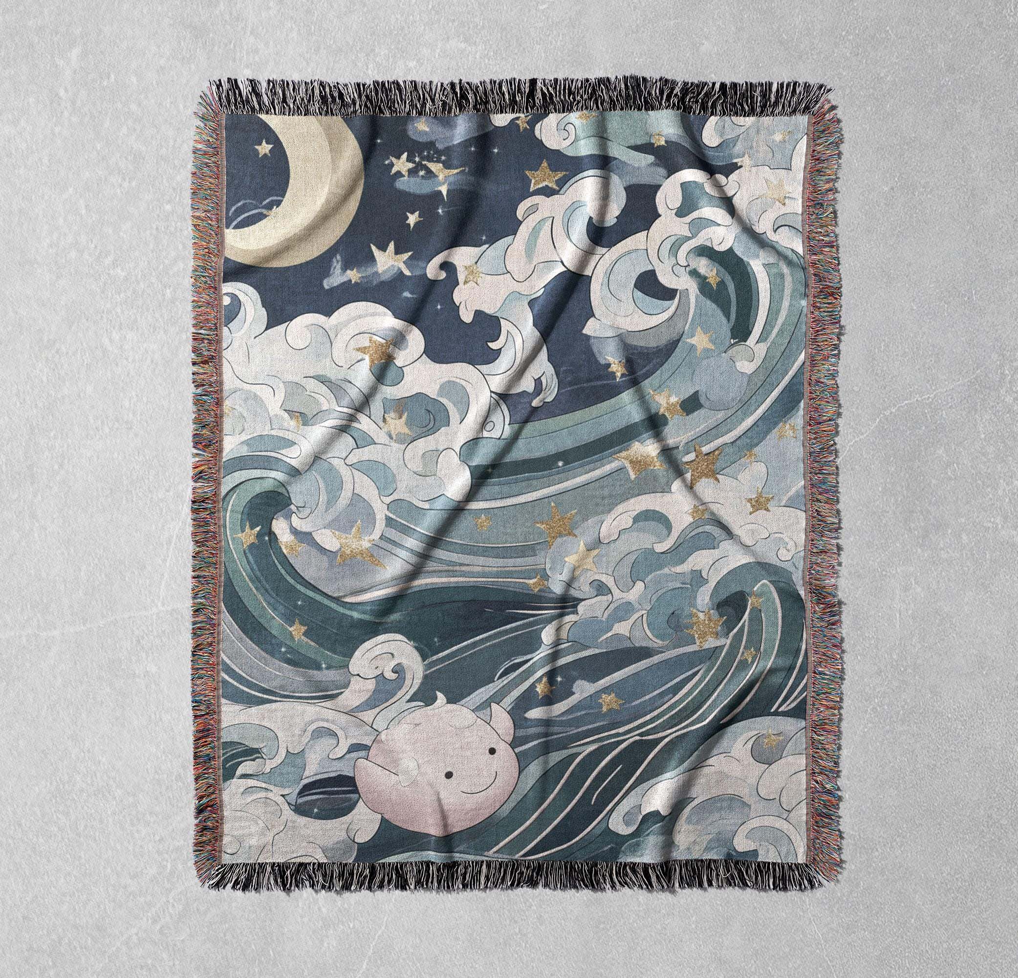 whimsical moon and ocean woven blanket cozy throw with waves stars and cute character for unique home decor cottagecore