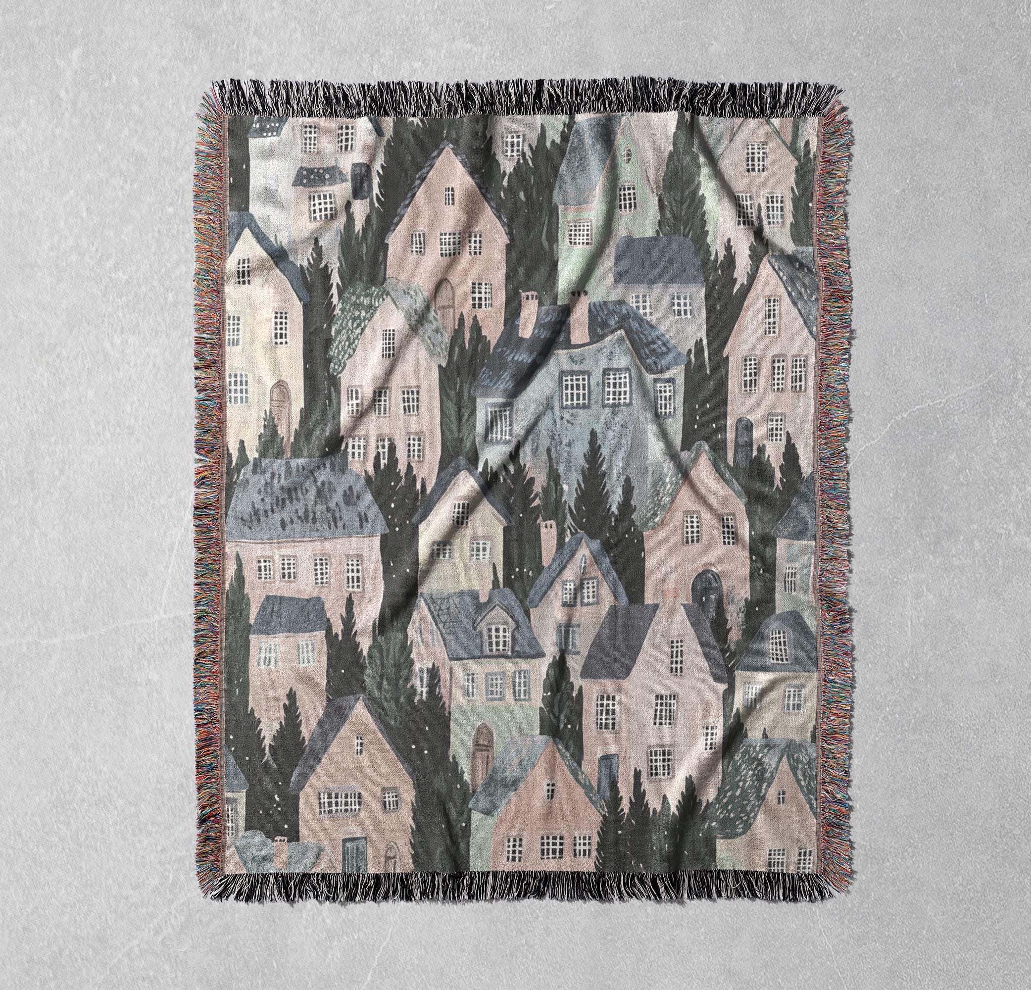 woven blanket with charming houses and forest design cottagecore tapestry