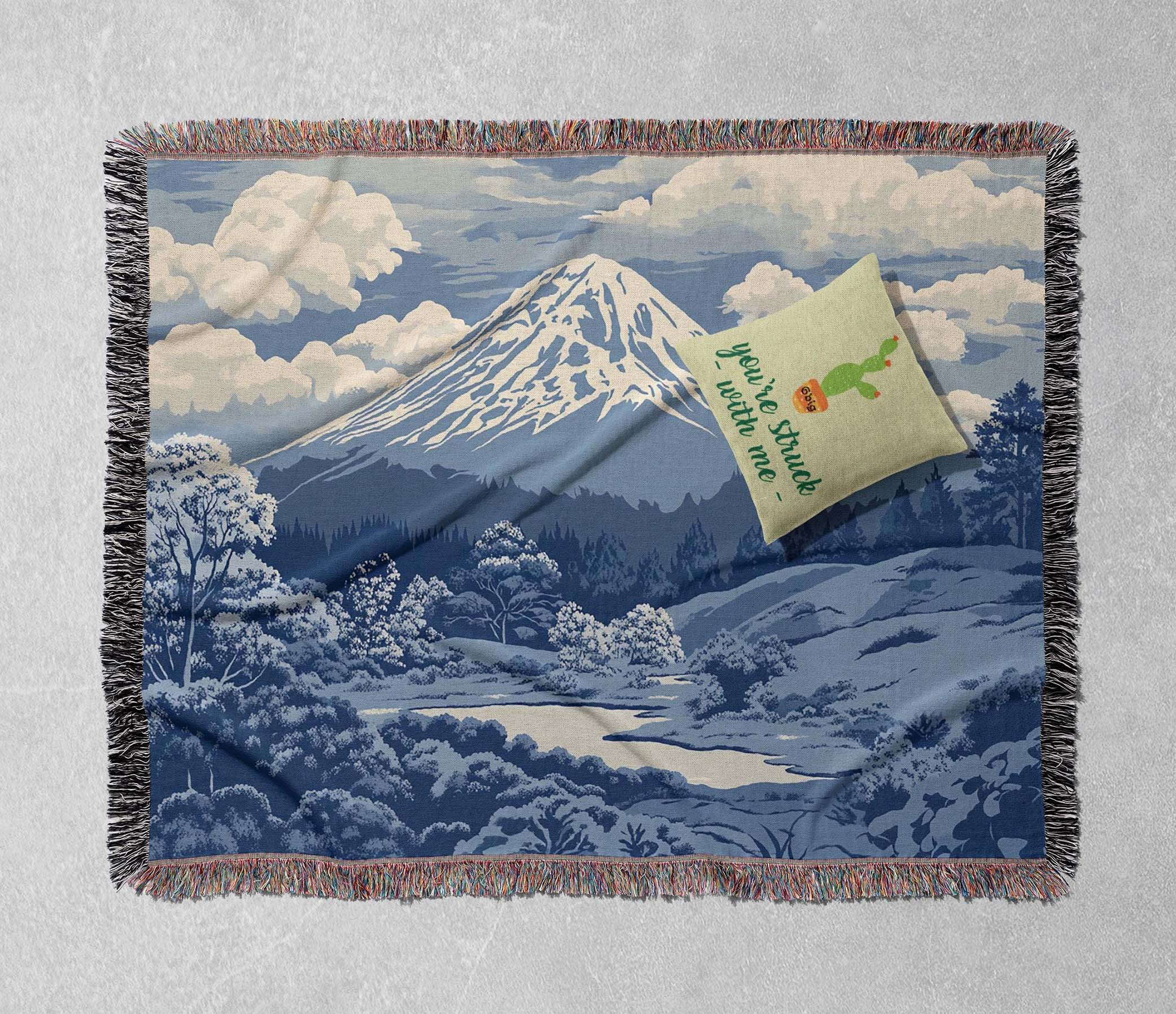 woven blanket with scenic mountain and cloud landscape cottagecore tapestry