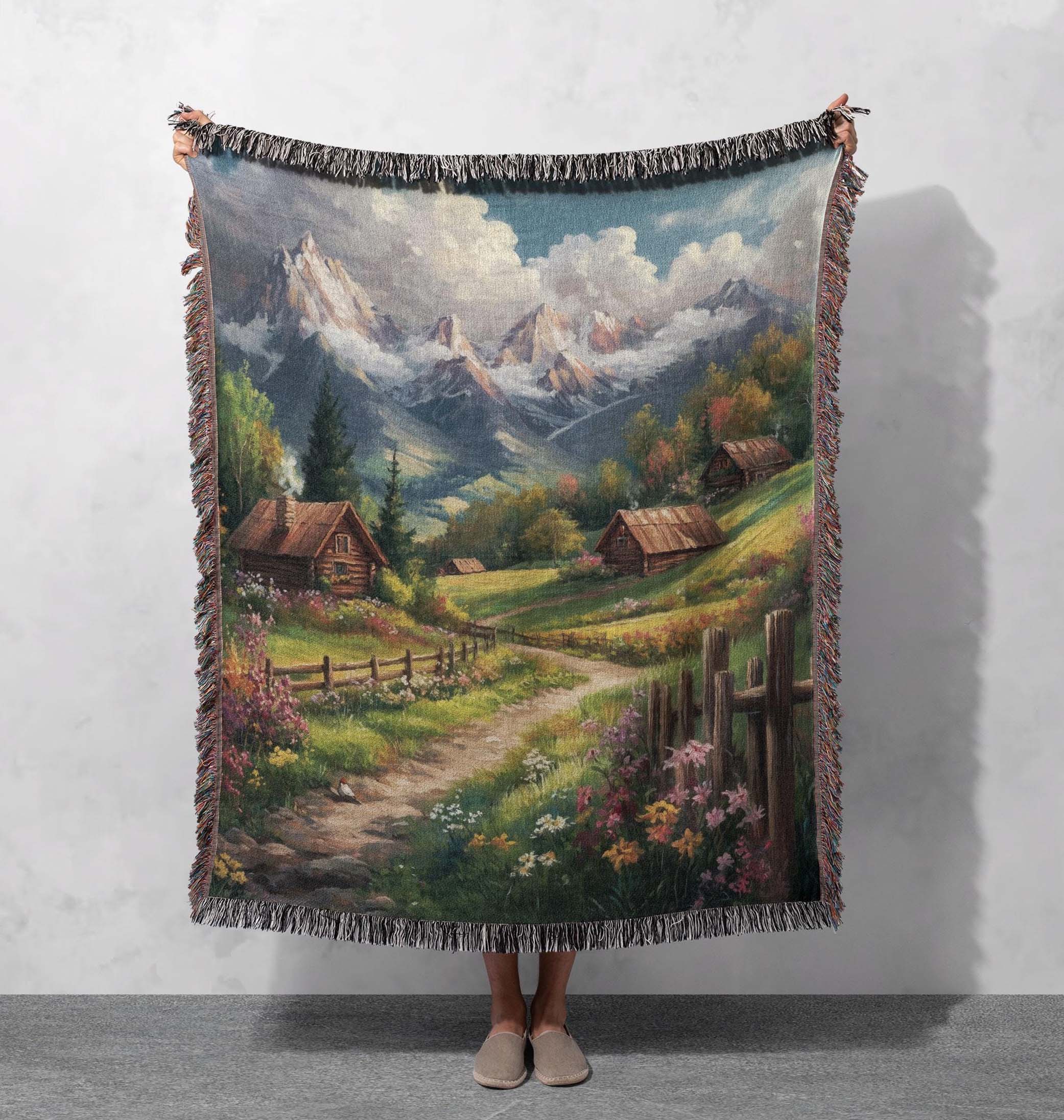 alpine serenity woven blanket mountain village art throw cottagecore tapestry