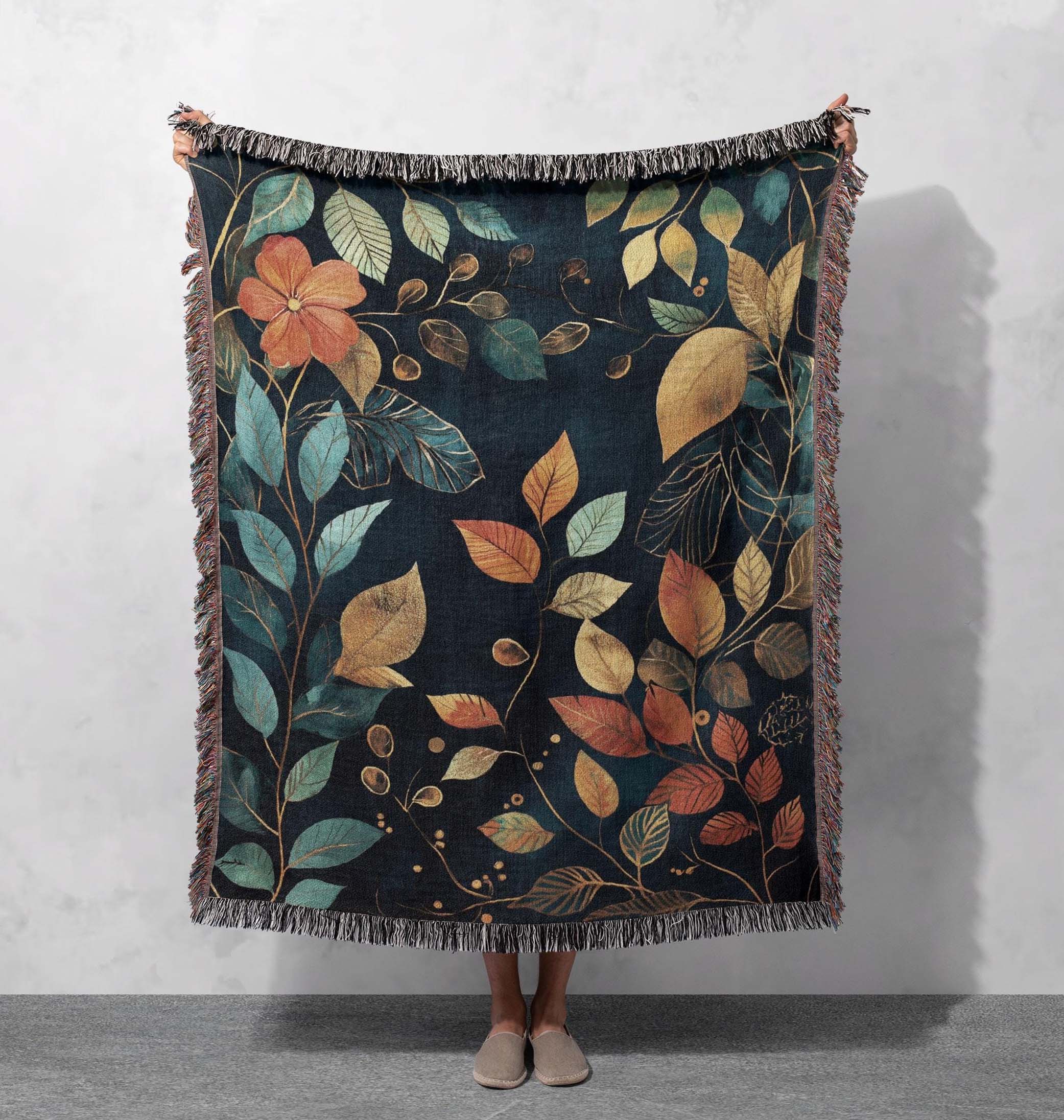 autumn botanical woven blanket nature inspired throw cottagecore tapestry