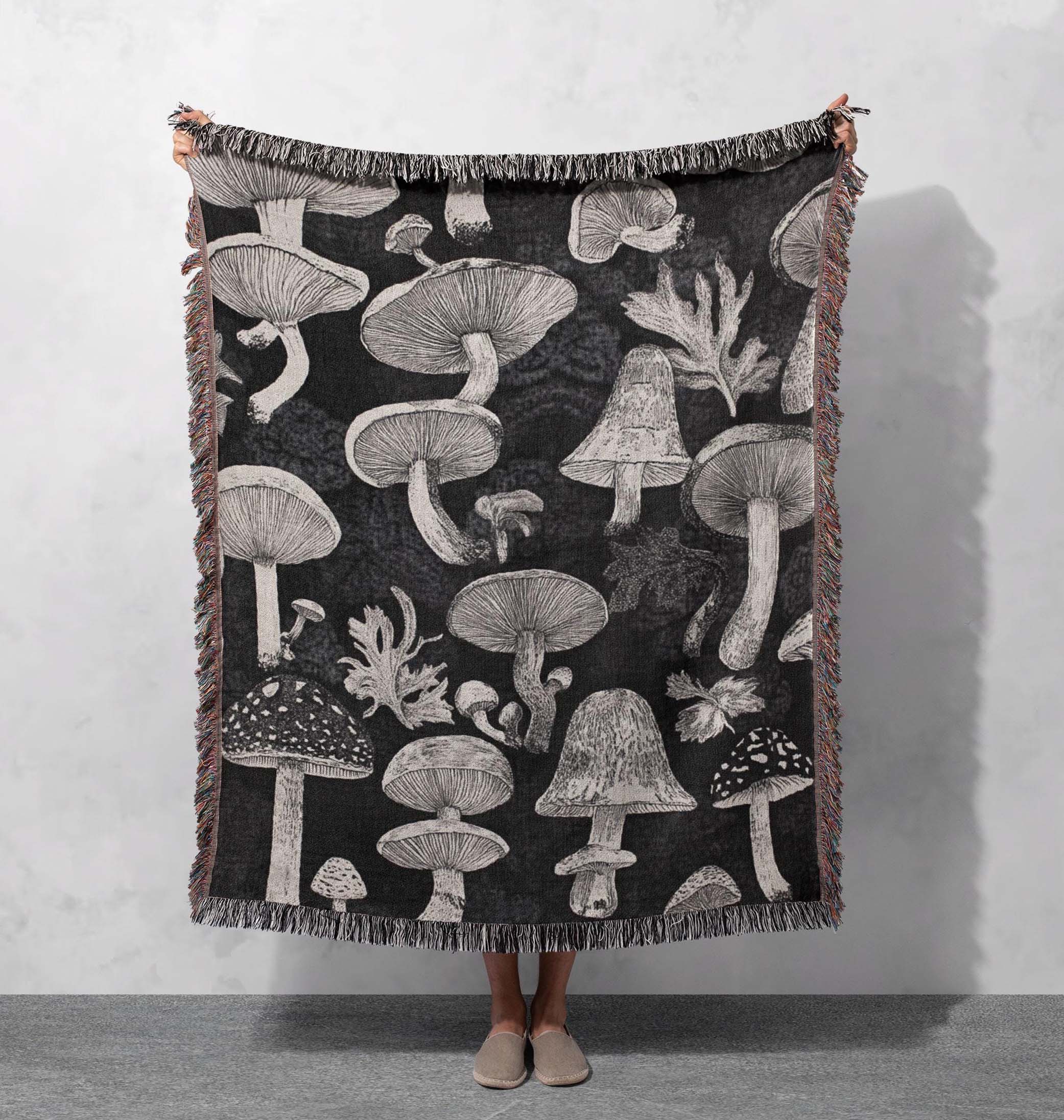 black mushroom woven blanket vintage botanical fungi illustration throw blanket with fringe edges cottagecore tapestry