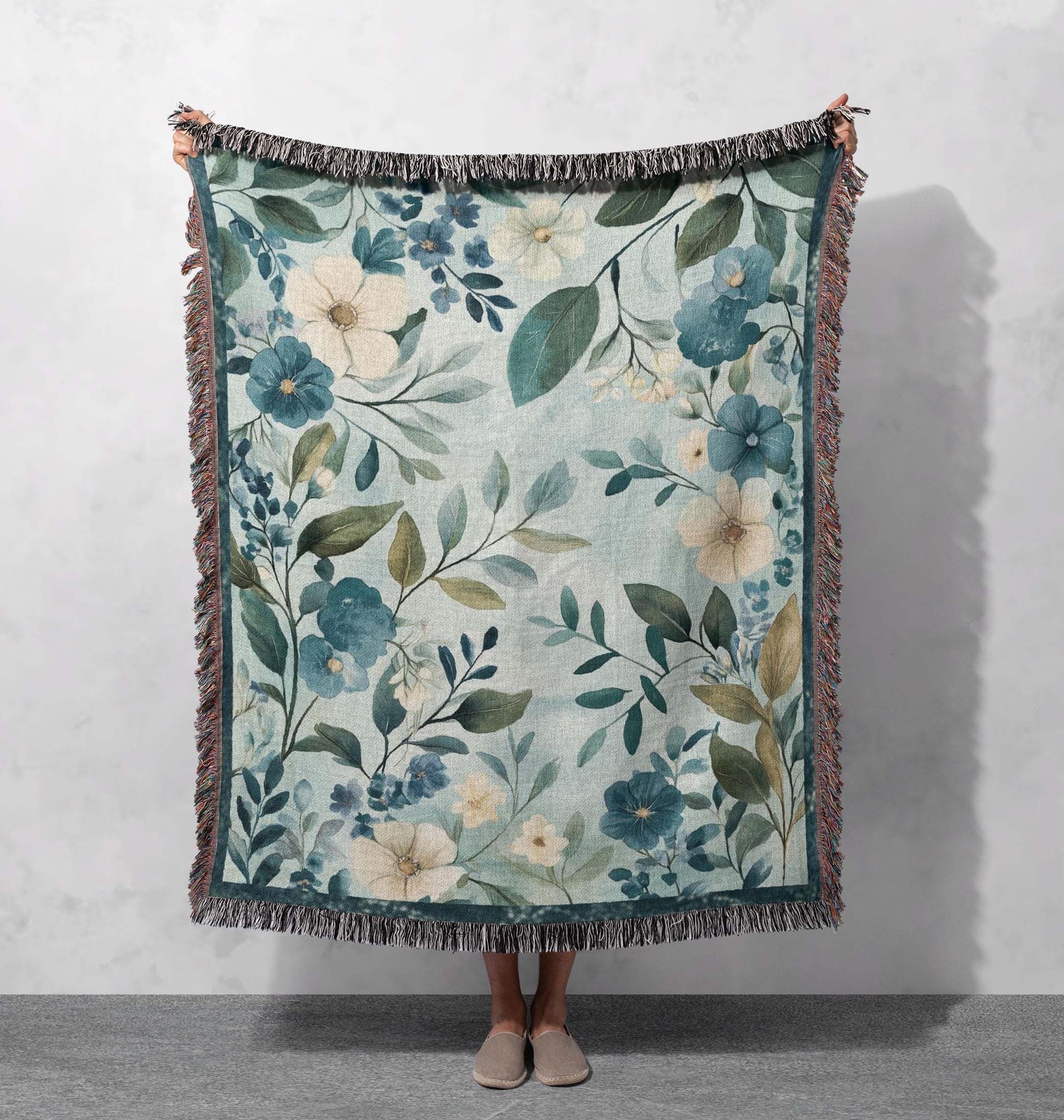 blue floral woven blanket botanical vintage tapestry cozy cottagecore throw