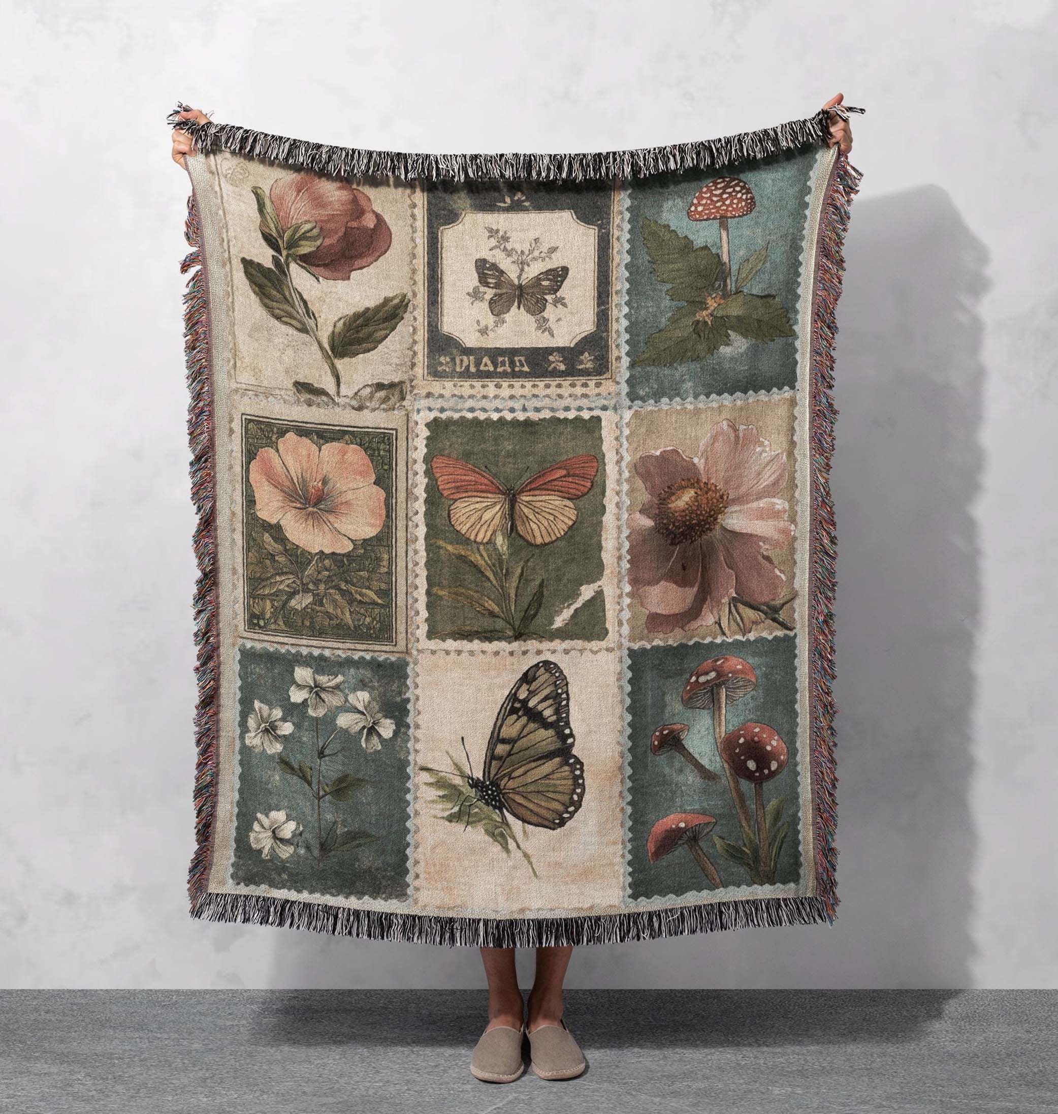 botanical patchwork woven blanket vintage nature tapestry cottagecore aesthetic throw