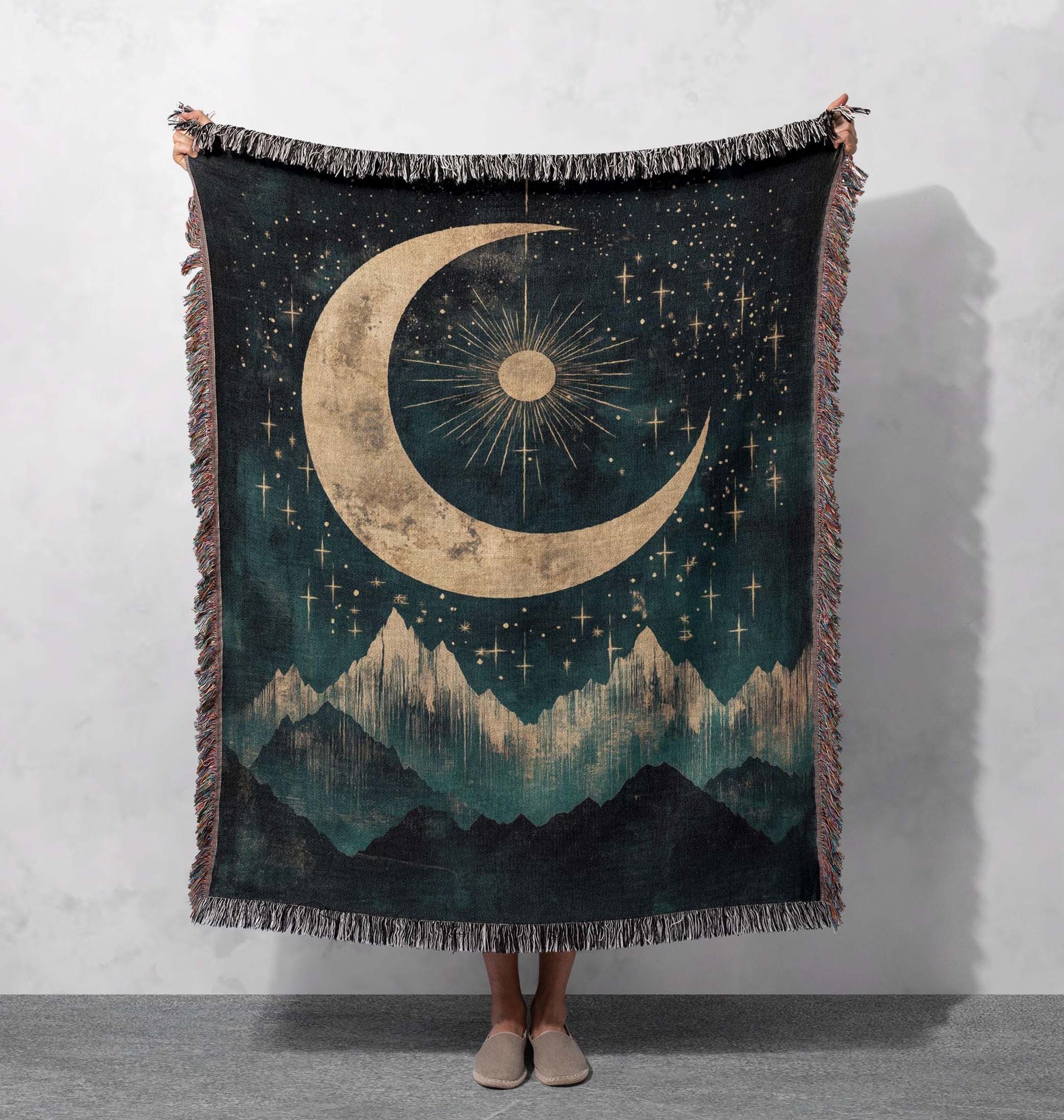celestial moon and mountain woven blanket cosmic home decor throw cottagecore tapestry