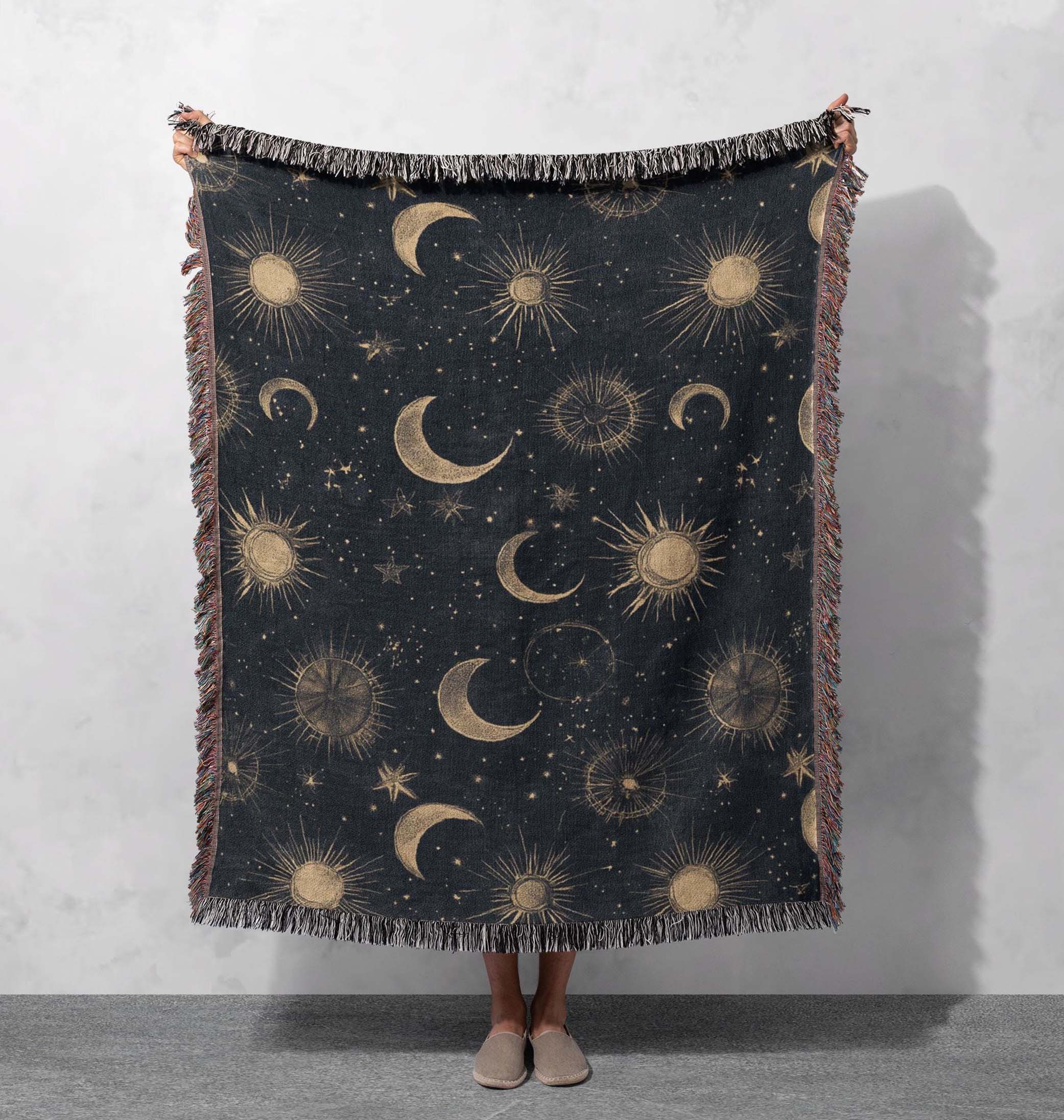 celestial moon and stars woven blanket with golden sun design cottagecore tapestry
