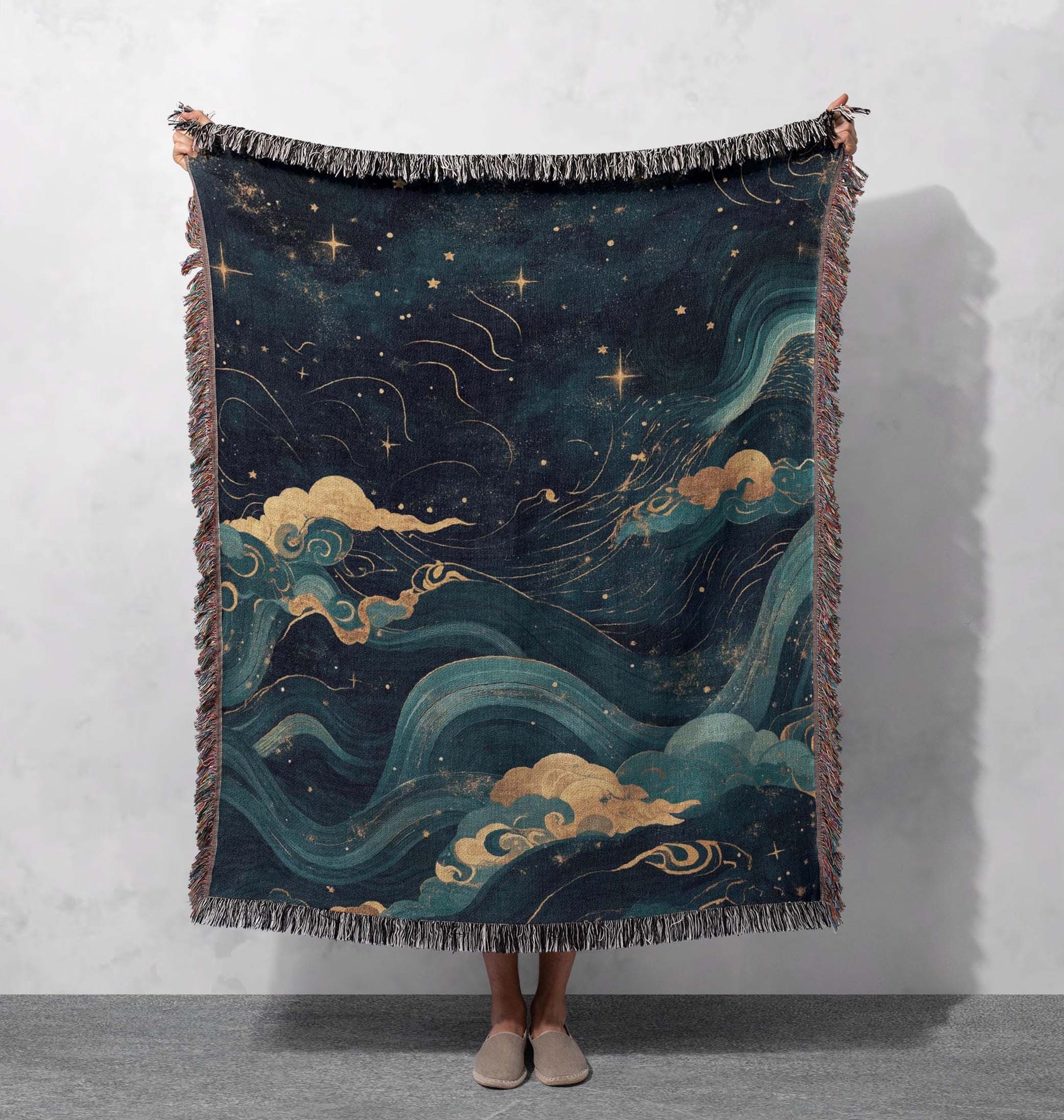 celestial waves woven blanket starry night ocean throw cottagecore tapestry