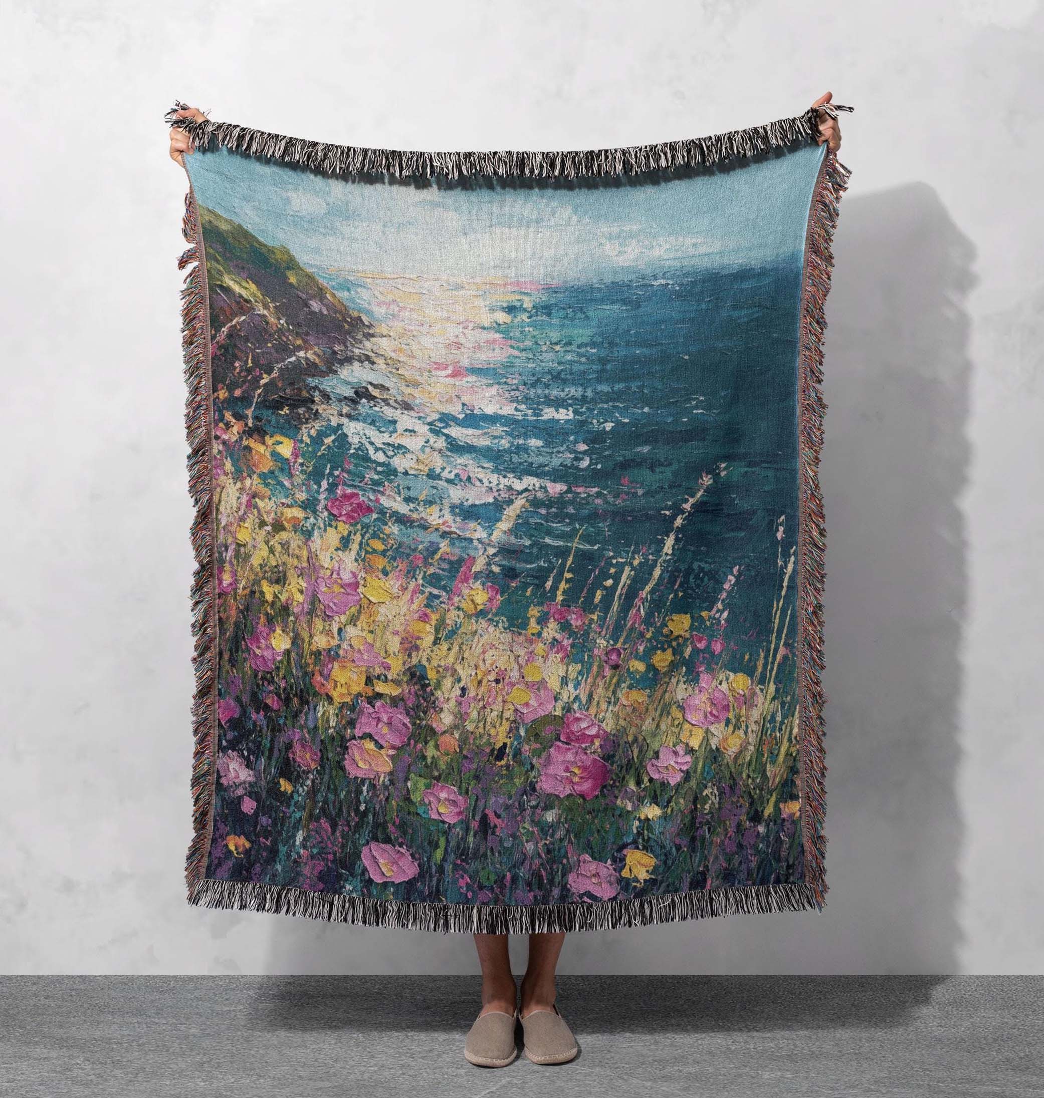 coastal bloom woven blanket ocean wildflower scenic throw cottagecore tapestry