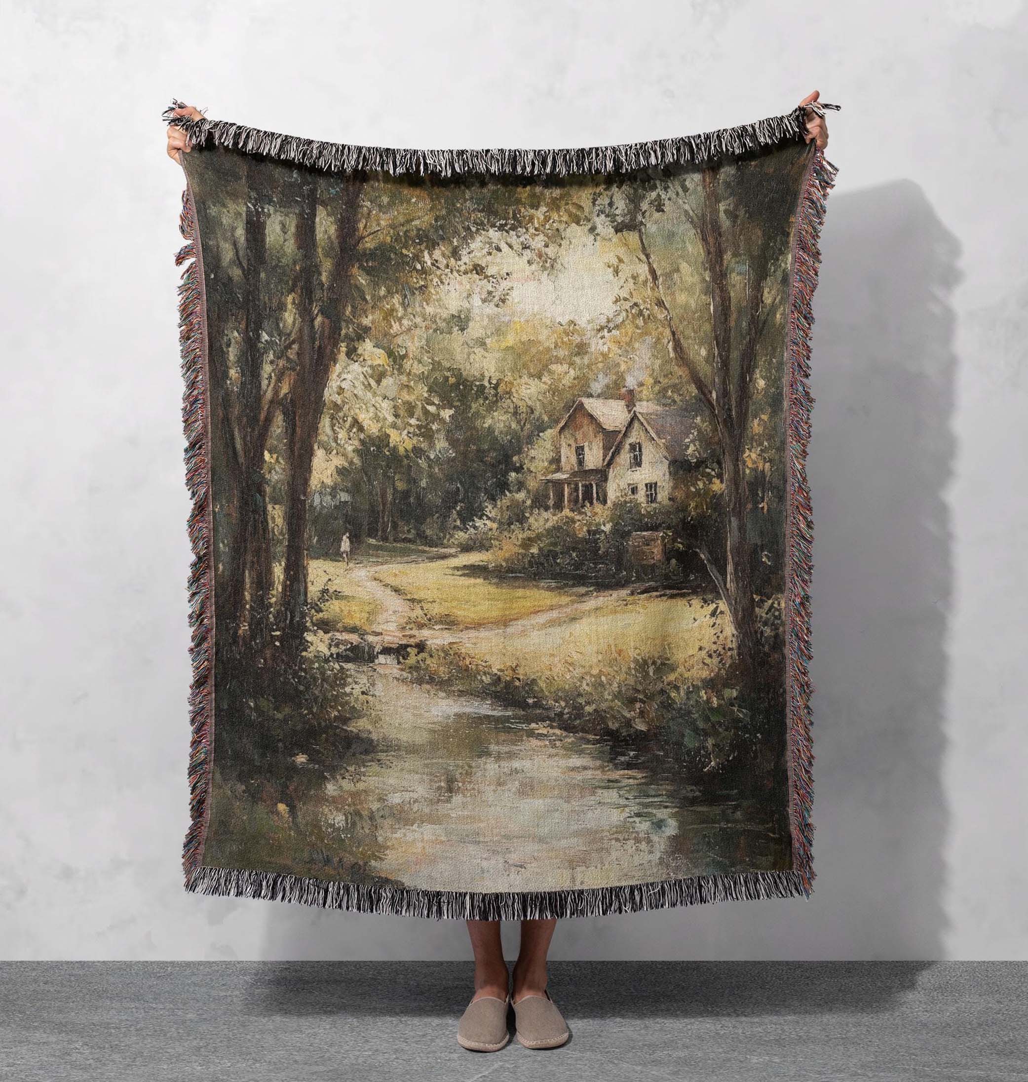 countryside cottage woven blanket rustic landscape art decor cottagecore tapestry