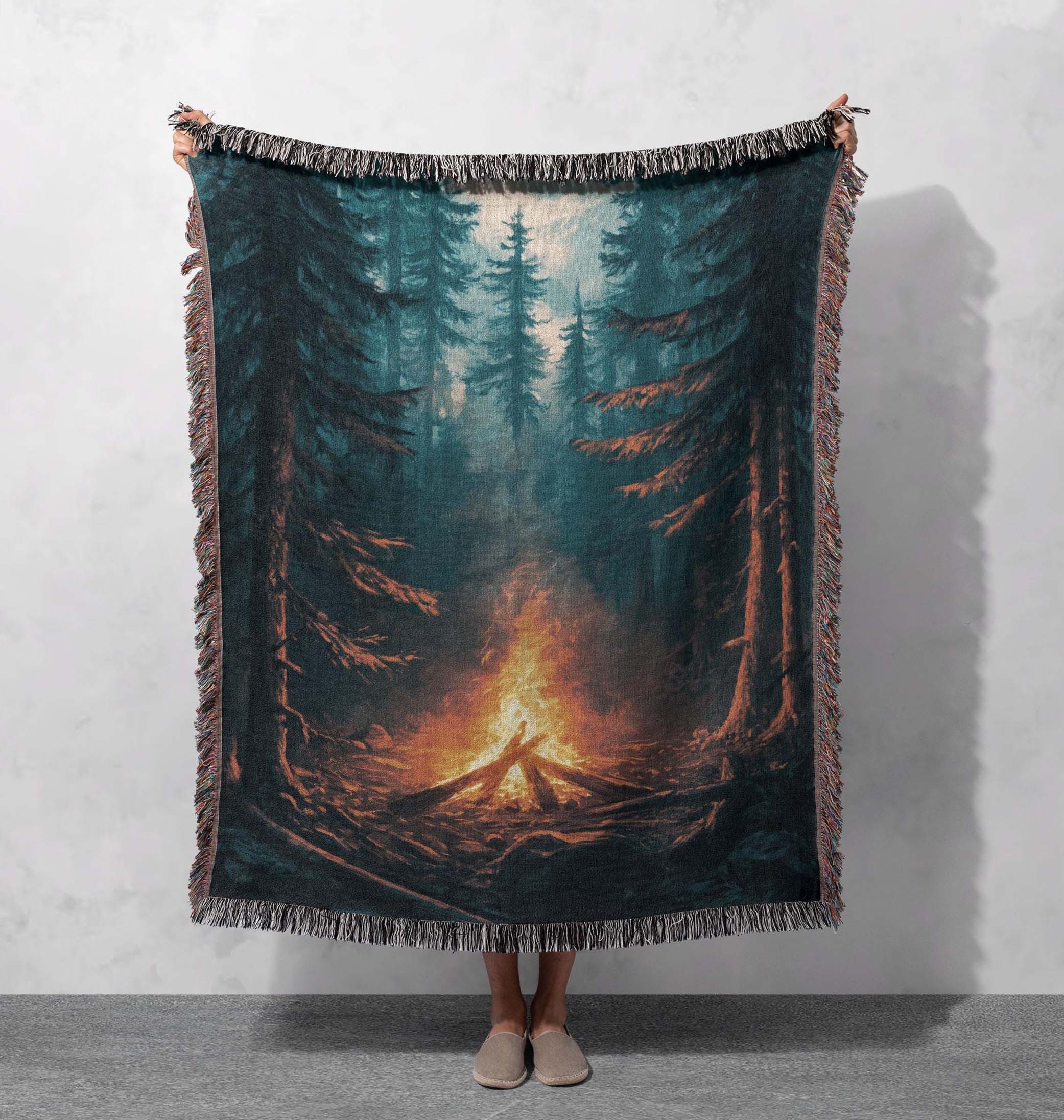 cozy campfire woven blanket rustic wilderness home decor cottagecore tapestry