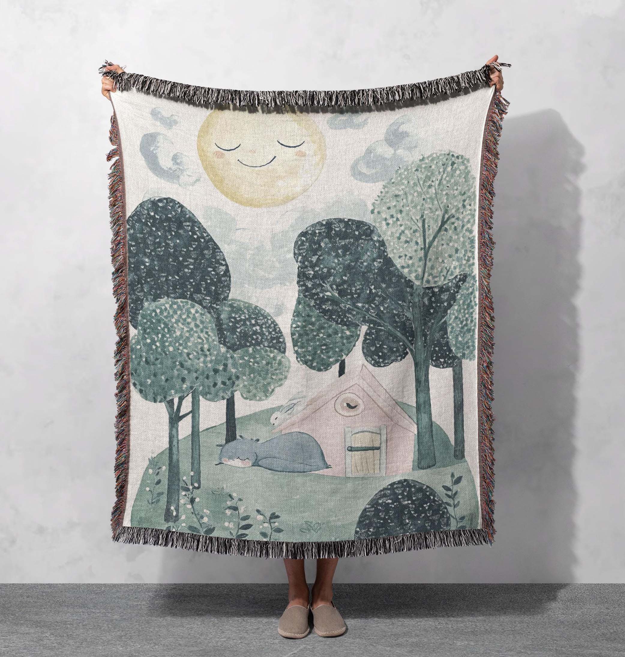 cozy woodland woven blanket dreamy forest scene with sleeping animals and fringe edges cottagecore tapestry