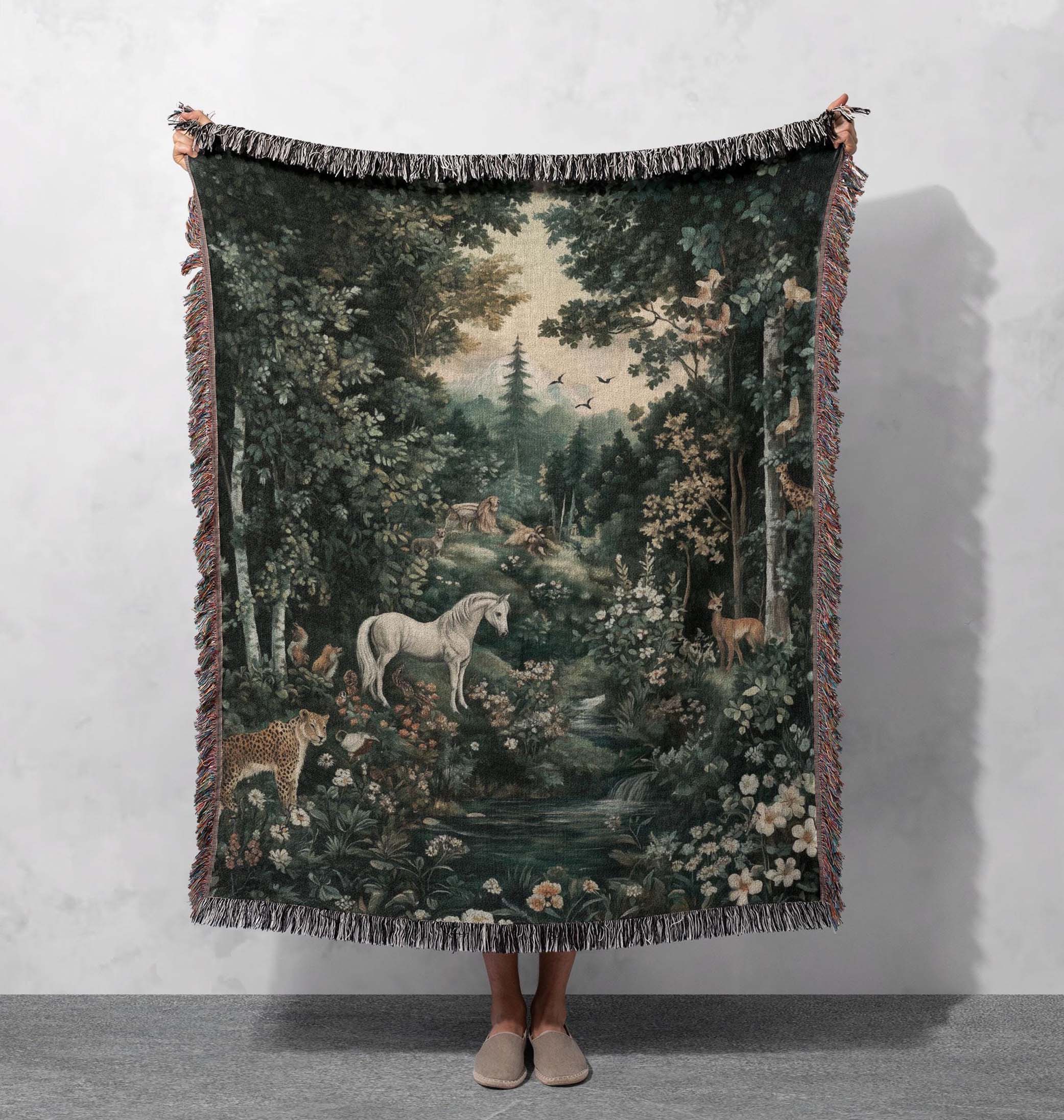 enchanted forest woven blanket mystical wildlife nature art cottagecore tapestry