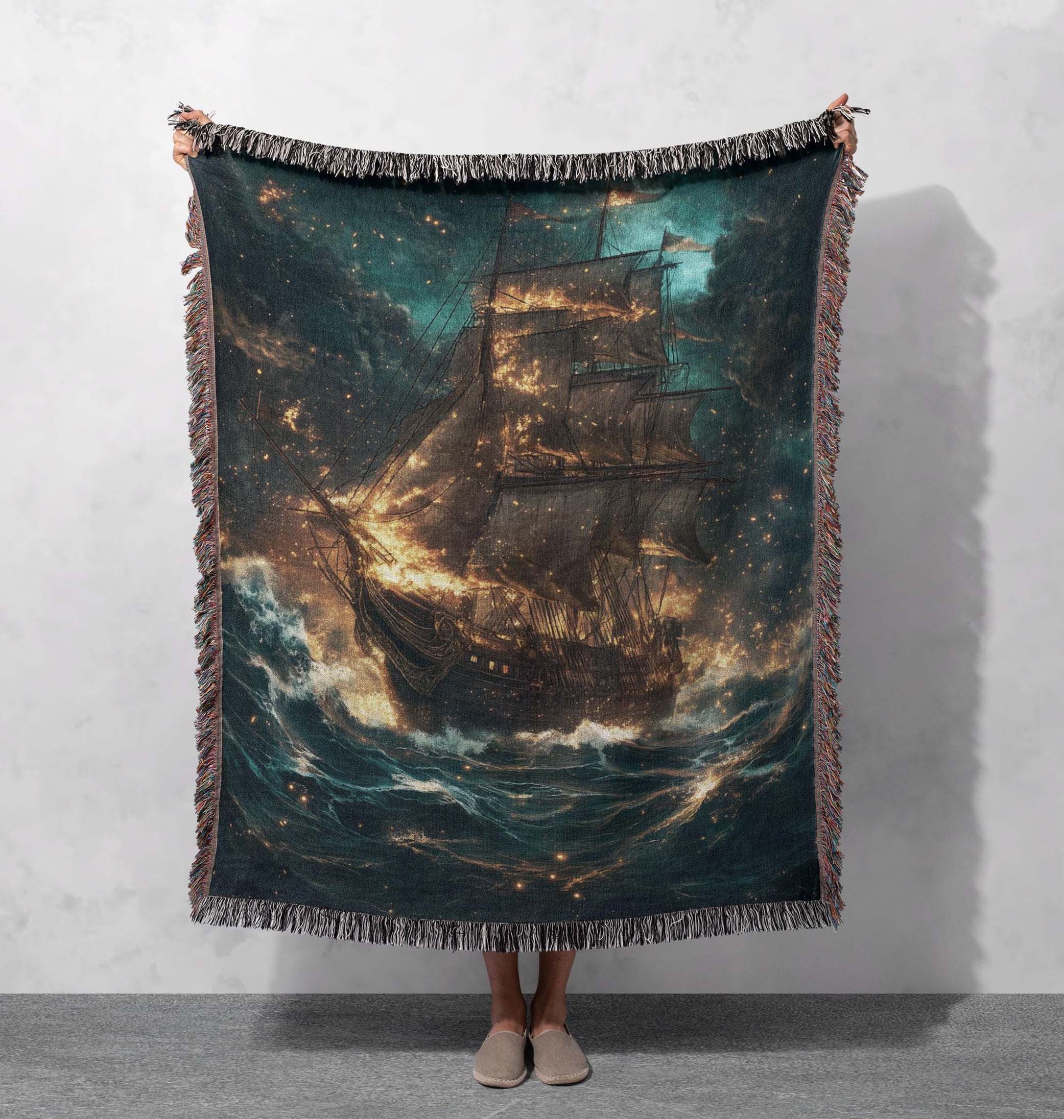 enchanted ship at sea woven blanket mystical nautical home decor cottagecore tapestry