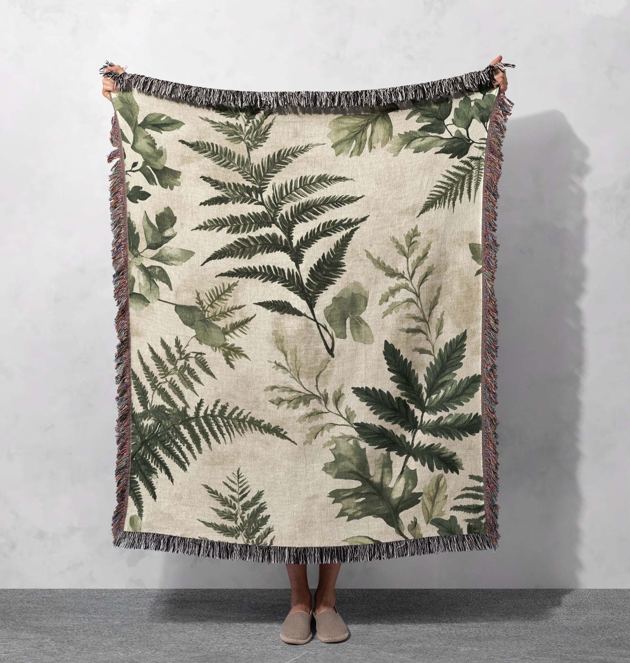 fern woven blanket botanical nature tapestry greenery cottagecore throw