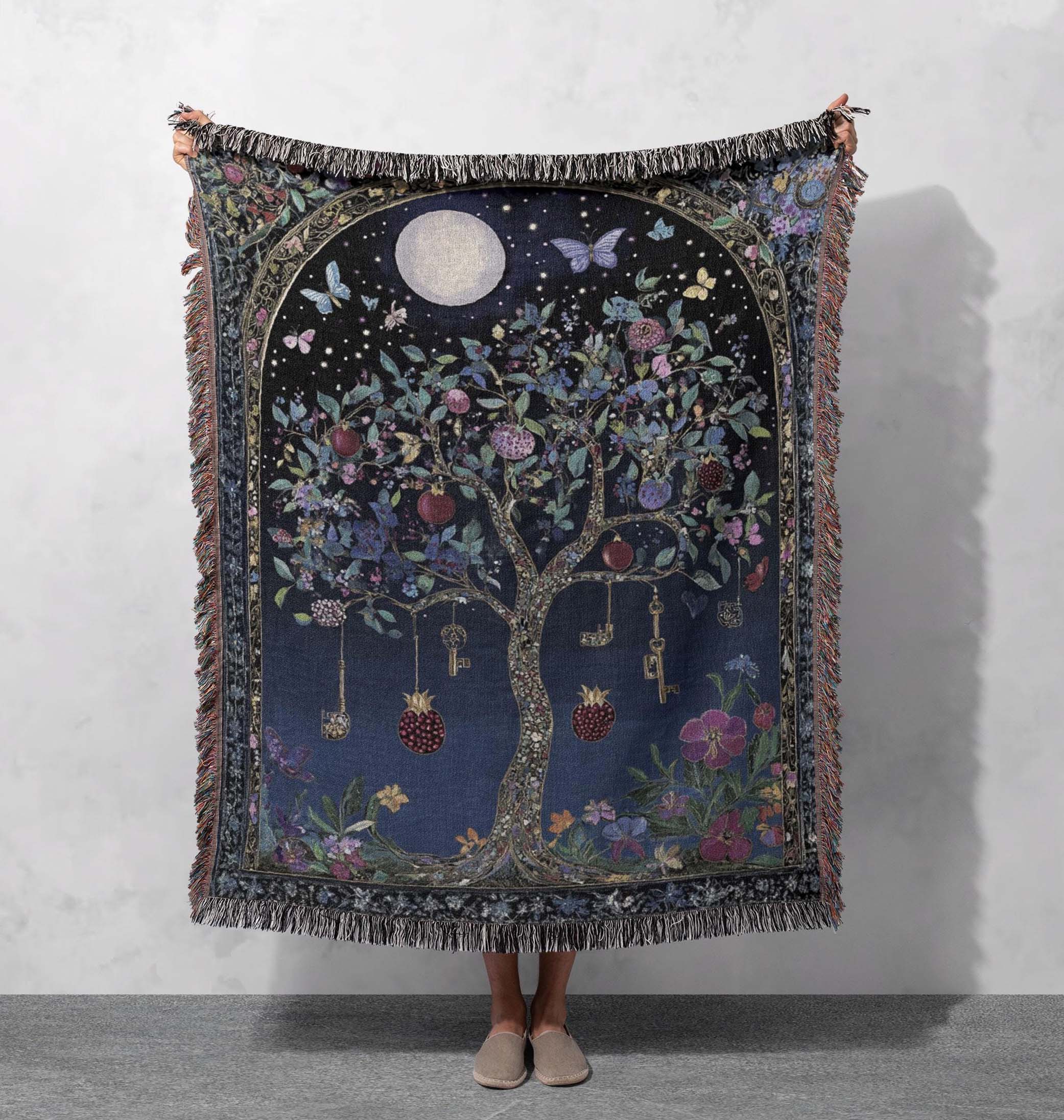magical tree woven blanket with keys fruit and butterflies cottagecore tapestry