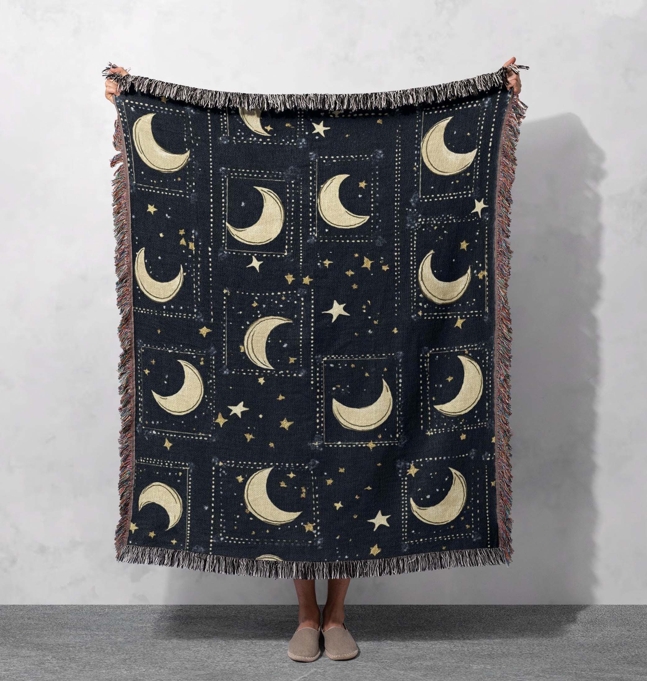 moon and stars woven blanket with vintage night sky pattern cottagecore tapestry