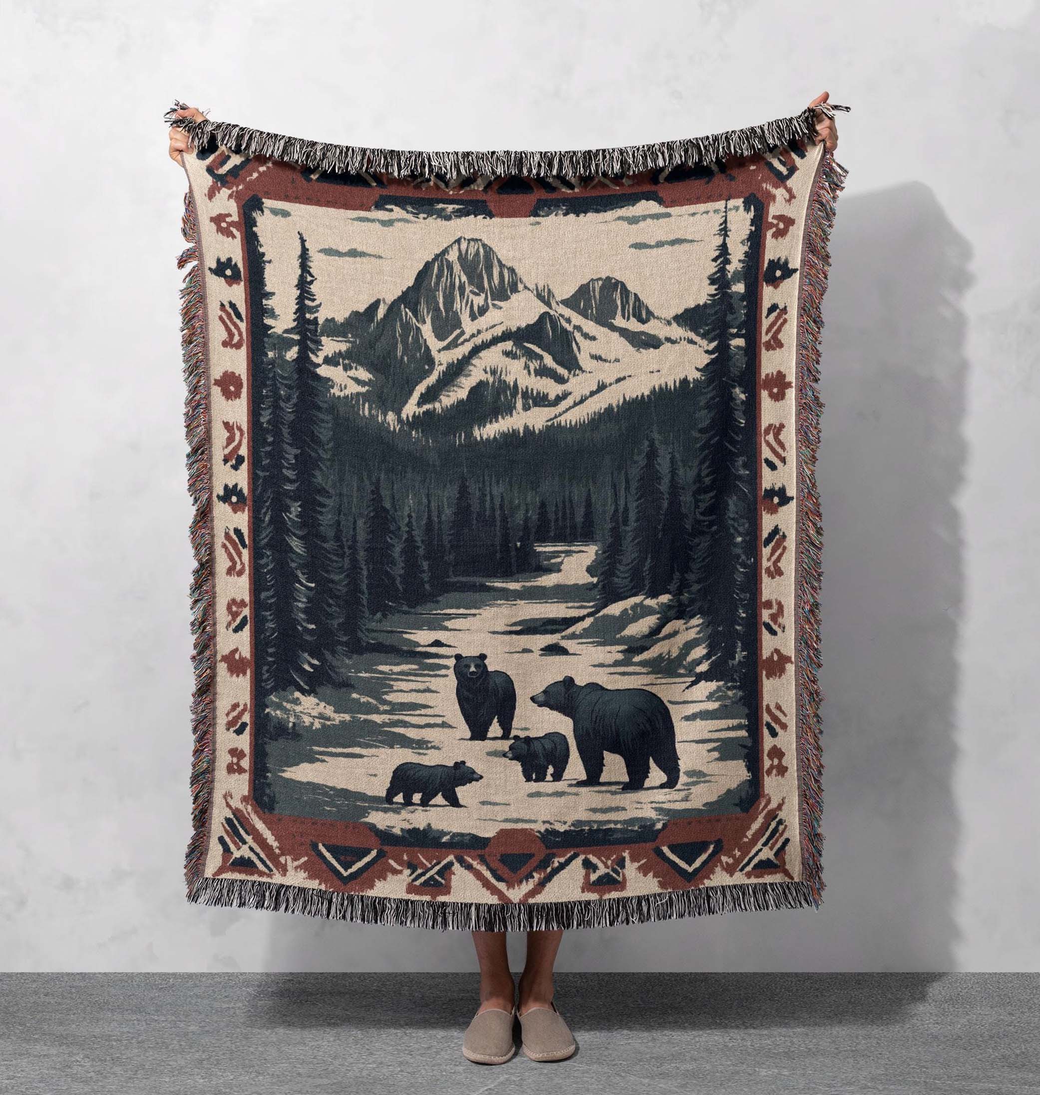 mountain bear family woven blanket rustic lodge cabin decor throw cottagecore tapestry