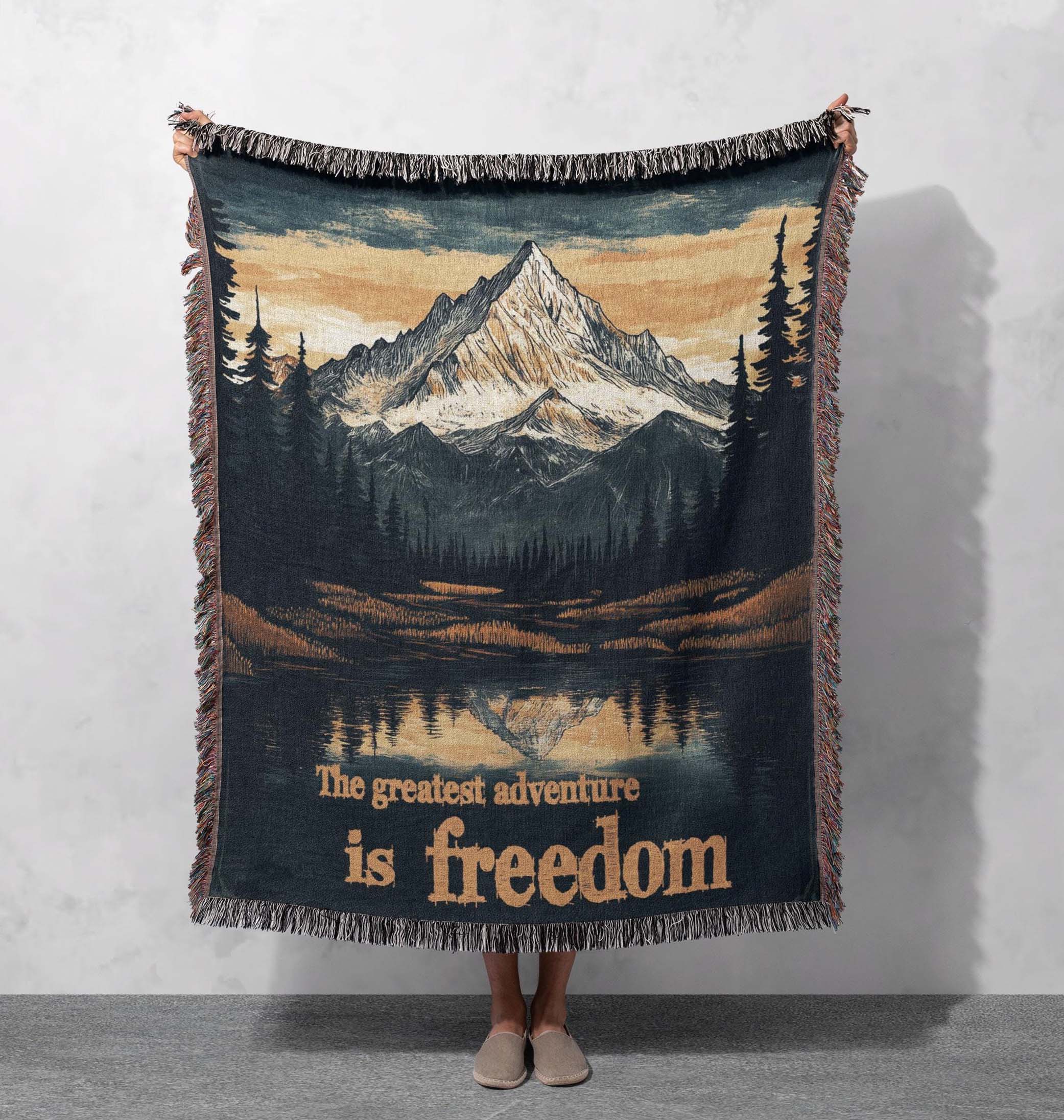 mountain freedom woven blanket adventure quote nature throw for home cottagecore tapestry