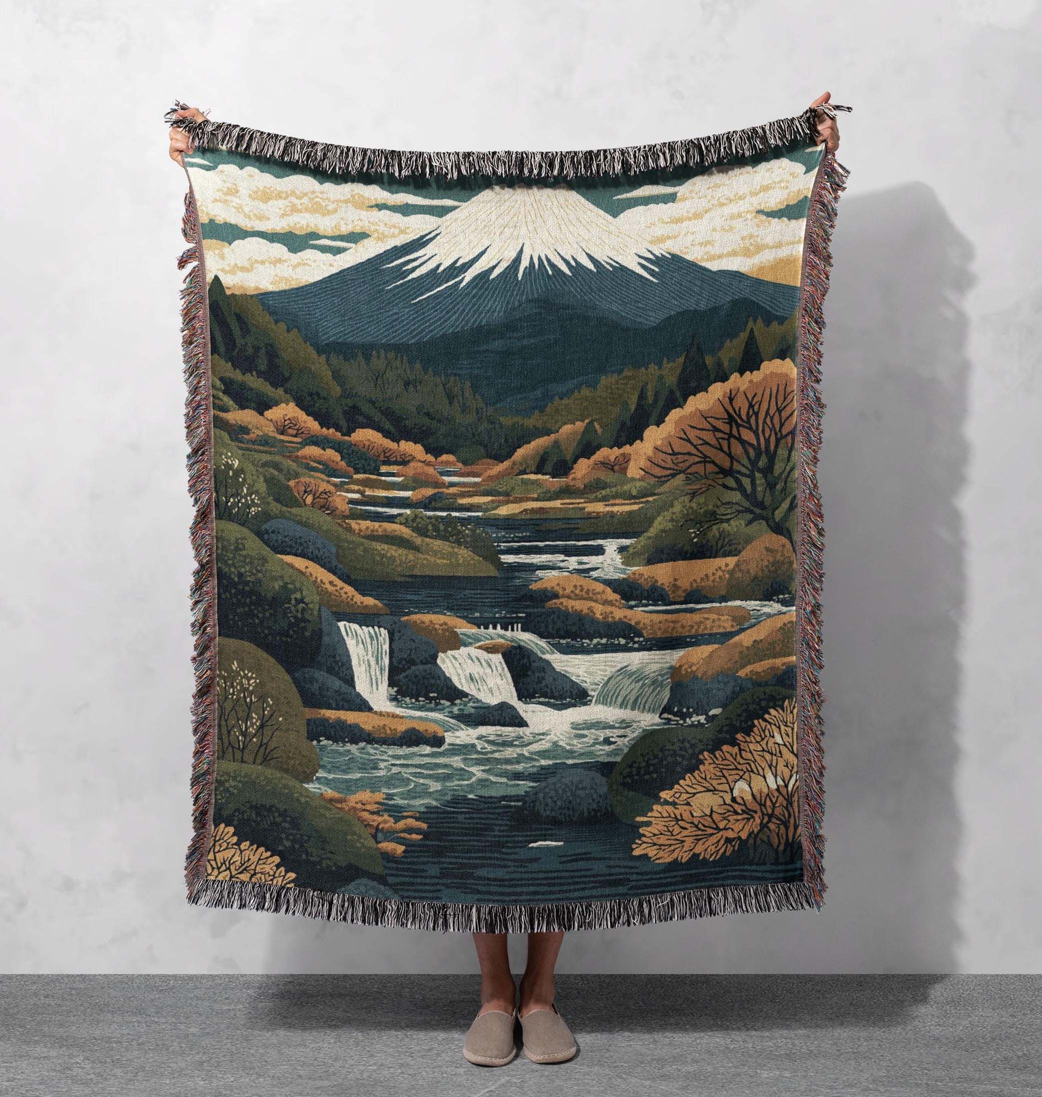 mountain landscape woven blanket nature art throw cottagecore tapestry