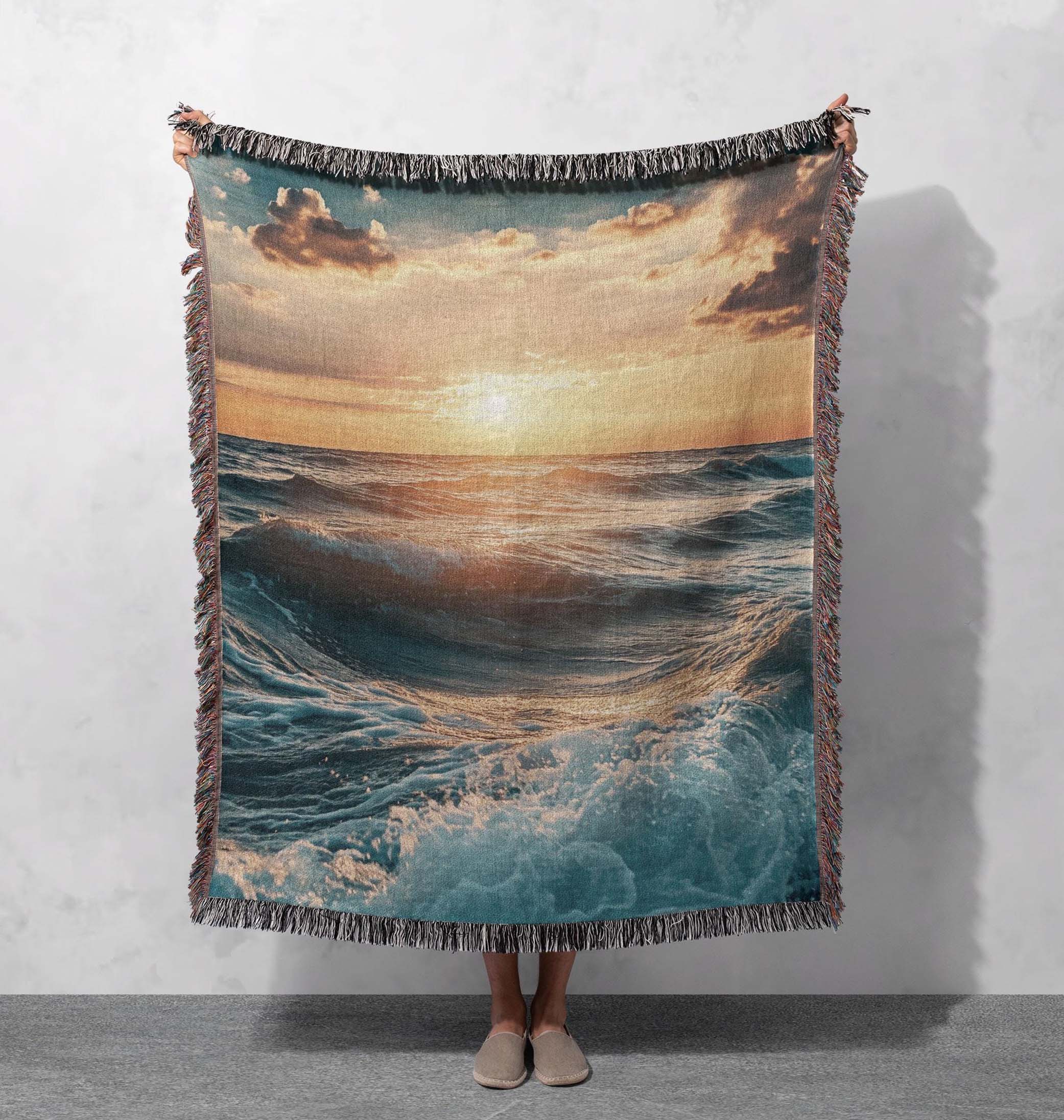 ocean waves sunset woven blanket coastal art throw for beach lovers cottagecore tapestry